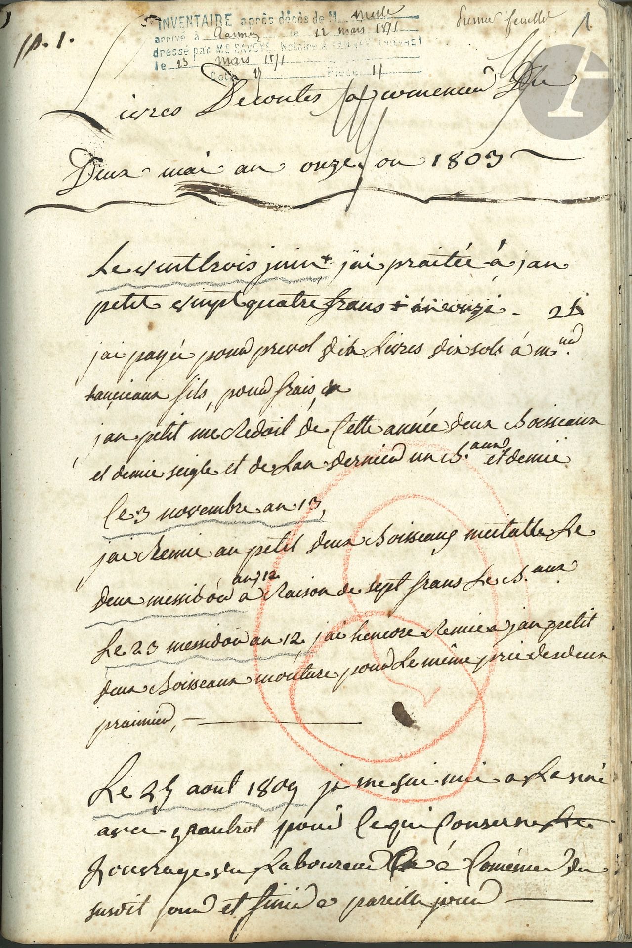 NIÈVRE. Handwritten account book, 1803-1828; large in-8, 82 pages (plus blank pages), parchment cover with string.
Accounts of a Nivernais farmer. Mainly mentions the communes of Bazolles, Champallement, Chatillon, Montapas, Clamecy, Corbigny, Saint-Saulge, Varennes, etc. Money lending and bartering, farm produce (cheese, butter, etc.), buying and selling livestock (cows, sheep, pigs, chickens, horses), etc.