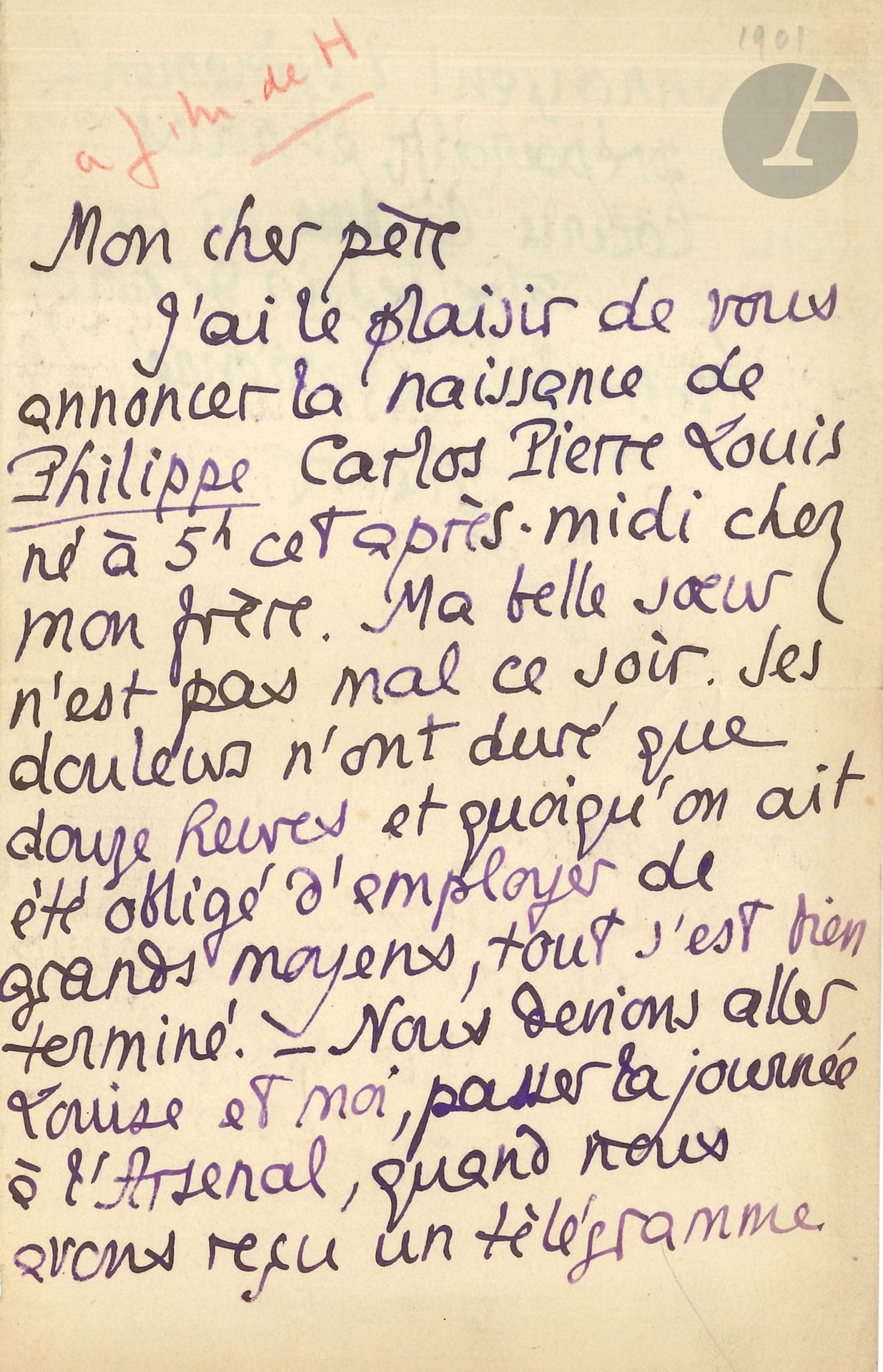 Pierre LOUŸS. L.A.S. «Pierre», [24 avril 1901], à son beau-père José Maria de Heredia; 1page et demie in-8.
Il annonce à son «cher père» la naissance de son neveu, «Philippe Carlos Pierre Louis né à 5h cet après-midi chez mon frère. Ma belle sœur [Paz] n’est pas mal ce soir. Ses douleurs n’ont duré que douze heures et quoiqu’on ait été obligé d’employer de grands moyens, tout s’est bien terminé»…