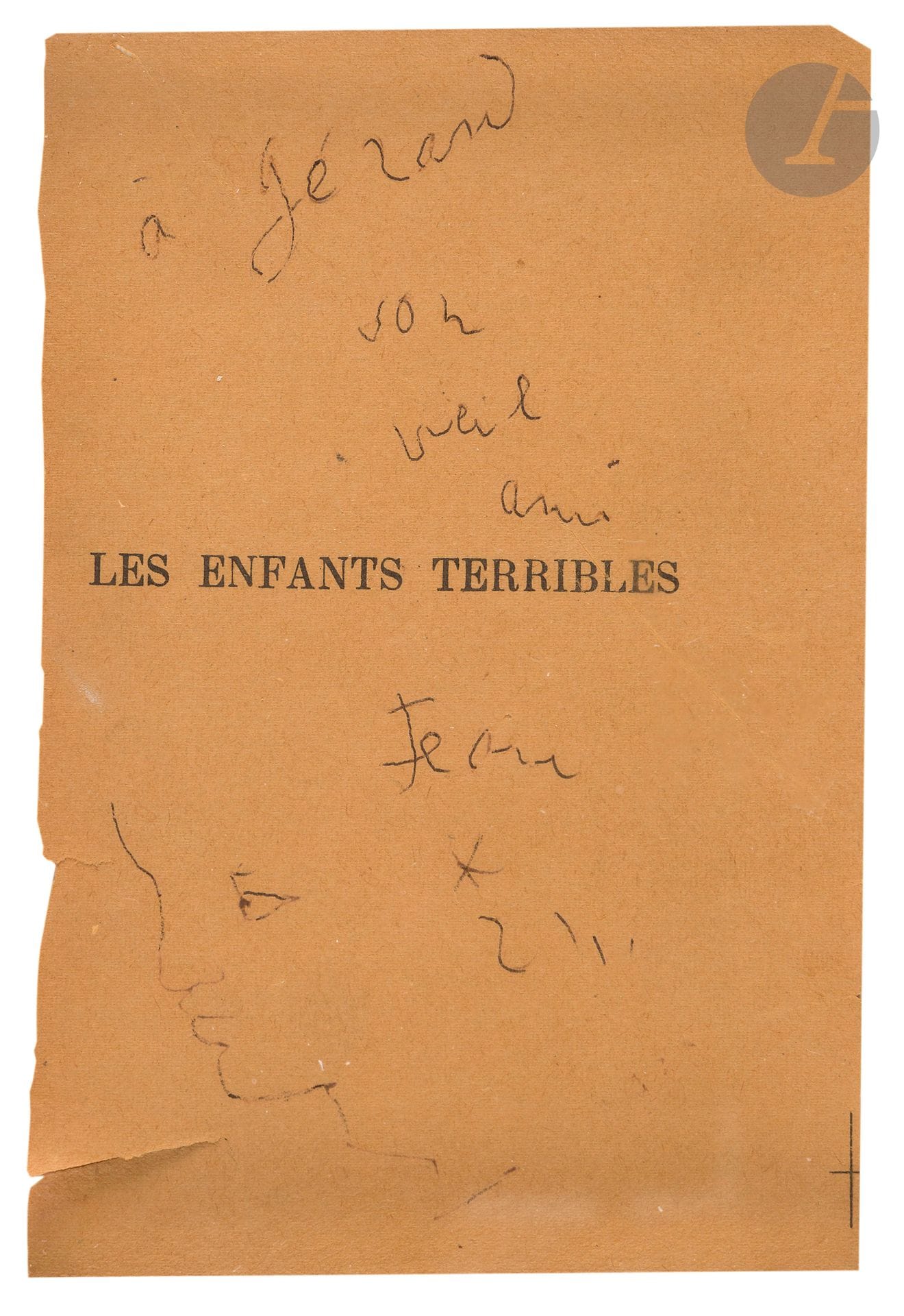 Jean COCTEAU.  P.A.S. with drawing; 1page in-8 (yellowed paper, and marginal cracks, under glass).
False-title page of Les Enfants terribles, with dispatch: "à Gérard son vieil ami Jean*", with pen drawing of a profile.

Enclosed: - illustrated invitation to the "Projection amicale d'Orphée", March 13, 1950 (in-4, folds, under glass); - a dispatch a.s. from Colette on the faux-title of La Seconde, "Pour Jacques Bernard, qui sait pourquoi je l'appelle 'le premier'... Colette" (under glass).