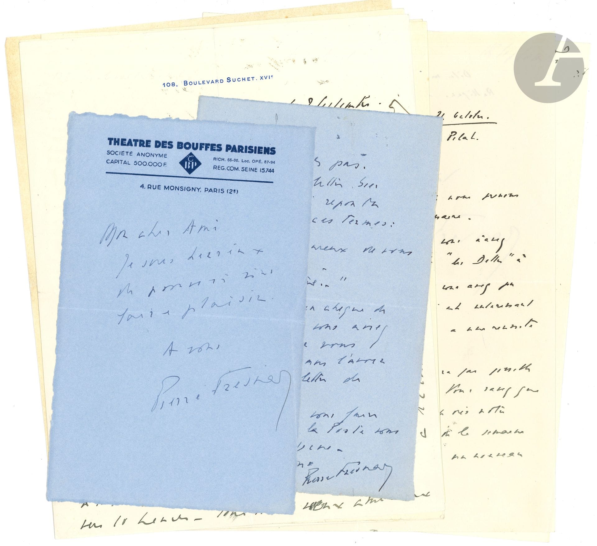 Pierre FRESNAY (1897-1975). 7 L.A.S., [vers 1935-1937], à Maurice Sachs; 8 pages in-4 à son adresse, et 2 p. in-8 (une à en-tête Théâtre des Bouffes Parisiens).
Au sujet de la pièce de Sachs, Les Dettes, et la pièce de Terence Rattigan, L’Écurie Watson, que Sachs va traduire, et dont ils signeront tous deux l’adaptation (créée au Théâtre Saint-Georges le 9 juillet 1937)…. Il évoque ses journées de tournage dans les studios.