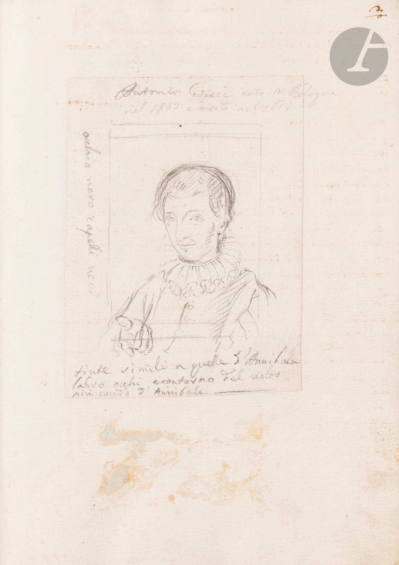 Carlo LASINIO (1759-1838). Recueil de 56 dessins originaux au crayon noir, avec annotations autographes, 1780; formats divers (de 17,5 x 12,5 à 25 x 18 cm environ) montés sur des feuillets de papier vergé (35,5 x 25,5 cm), reliés en un volume in-fol., dos de basane brune (frotté), étiquette de titre en cuir rouge sur le plat sup.
Intéressant recueil de copies d’autoportraits de peintres. 
Une note autographe en tête du volume indique que ces portraits, tirés de la collection de la «Real Galleria di Firenze» (Musée des Offices), sont les esquisses des dessins faits par Lasinio au crayon noir en 1780 pour Son Altesse le Prince de Borck, Polonais; Lasinio a estampé son cachet à l’encre à ses armoiries (inconnu de Lugt). 
La plupart de ces dessins sont annotés au crayon, avec notamment des indications (parfois très développées, notamment pour le Titien ou Rubens) sur la technique employée, les couleurs des cheveux et des yeux, les habits, etc. Au-dessous de trois d’entre eux, Lasinio a inscrit en outre à l’encre un commentaire biographique. Quelques dessins sont rehaussés de lavis. Lasinio a dressé en tête l’index des 56 portraits, d’Antonio Caracci et le Guerchin, à Rosalba Carriera et Jan van Calcar. 
Sur le feuillet de garde, sont calligraphiés les titres de Lasinio, avec ses armoiries. 
Né à Trévise en 1759, Carlo Lasinio a acquis une grande réputation de graveur. Professeur de gravure à l’Accademia de Florence, il s’installa en 1807 à Pise, où il fut conservateur du Camposanto, et mourut en 1838.
