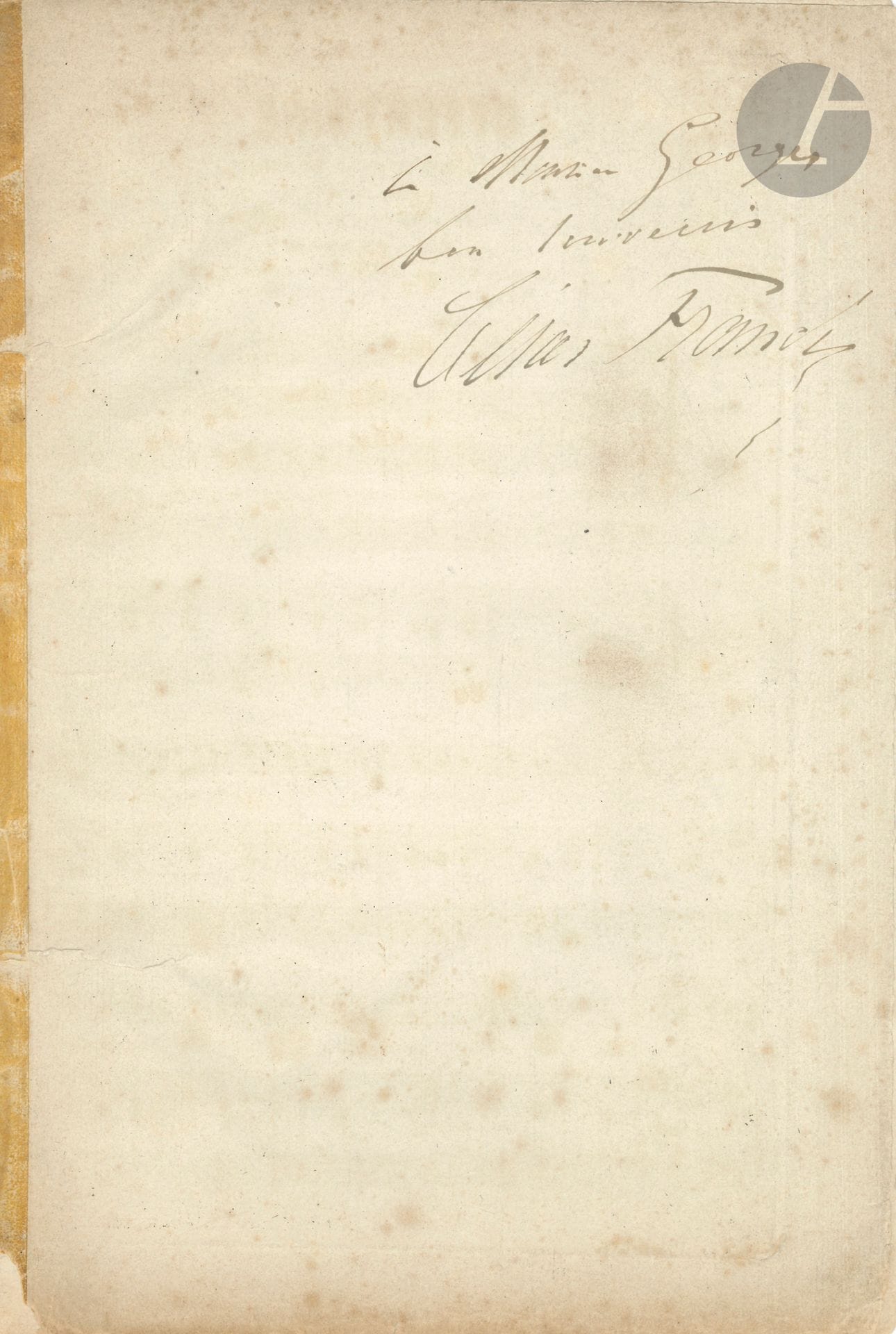 César FRANCK (1822-1890). Offertoire pour le Saint Jour de Pâques (E. Repos, s.d.); cahier de 12 p. grand in-8 (débroché, défauts).
Première édition de cet Offertoire à 3 voix avec accompagnement d’orgue, «Dextera Domini». Envoi autographe signé sur la 1ère page (blanche) : «à Monsieur Georges bon souvenir César Franck». Il s’agit probablement du compositeur et organiste Alexandre Georges (1850-1938). 

On joint : J. Guy Ropartz, Chant d’Automne piano et chant (A. Dupont-Metzner), avec envoi a.s. «à Vincent d’Indy son admirateur et son ami J. Guy Ropartz».