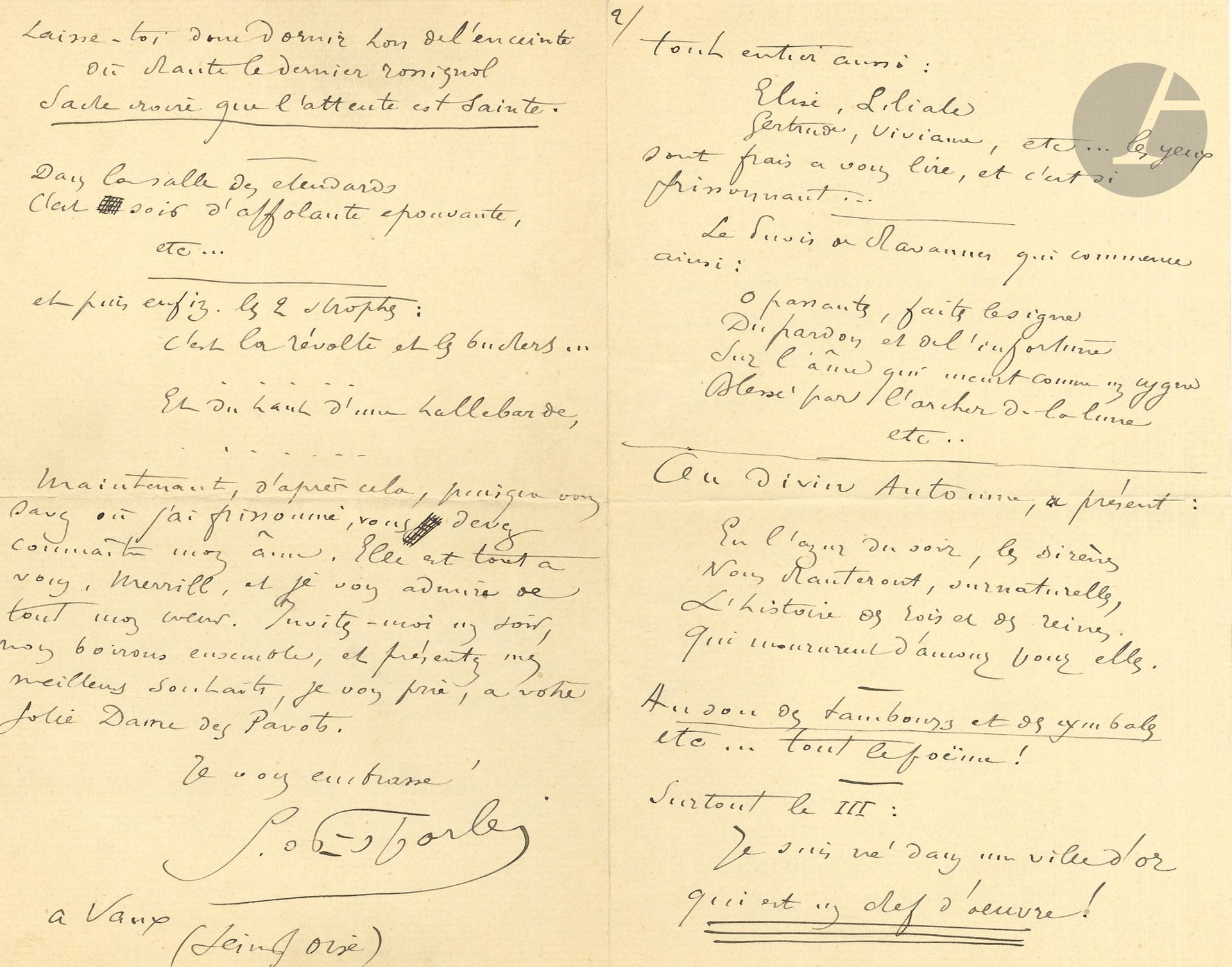 Georges d’ESPARBÈS (1863-1944). L.A.S., Vaux (Seine-et-Oise), 19 janvier 1895, à Stuart Merrill; 8pages in-8, enveloppe.
Magnifique lettre d’admiration littéraire, après la lecture des Petits Poëmes d’automne… «je veux vous dire ce que j’admire par-dessus tout : L’âme d’automne. Moi qui depuis longtemps suis saisi par ce rêve d’écrire – en méchante prose – les rois casqués, les paysages de marjolaine, les troubadours, et le combat de la lance, je demeure muet d’admiration devant vos rêves à vous. Vous avez les yeux lointains, vous avez vu le joli, l’enivrant, je n’avais conçu que le rude»... Etc. Et il cite de nombreux vers (et des strophes) qu’il a particulièrement aimés…  «Vous êtes un grand poëte, et je le dirai un jour. Il n’y a qu’une façon de causer aux artistes, c’est de leur désigner ce qu’on a le plus aimé d’eux, sans réflexion, sans critiques, car il faut laisser marcher ceux qui ont de la force, et ne leur indiquer aucune route. Eh bien, le premier poëme est remarquable d’allure, de beauté raide et grave : L’enchanteresse de Thulé a ravi mon âme en son île»… Etc. Il ajoute : «Jamais je n’ai écrit une lettre aussi longue !» 

On joint 2 autres lettres adressées à Stuart Merrill par Nathalie Berry Boynton (Paris 26 avril 1915) et sa cousine Virginia Watson (New York 26 janvier 1914). Plus 2 lettres adressées à Claire Merrill par les poètes André Fontainas (23 décembre 1915) et Georges Marlow (condoléances).