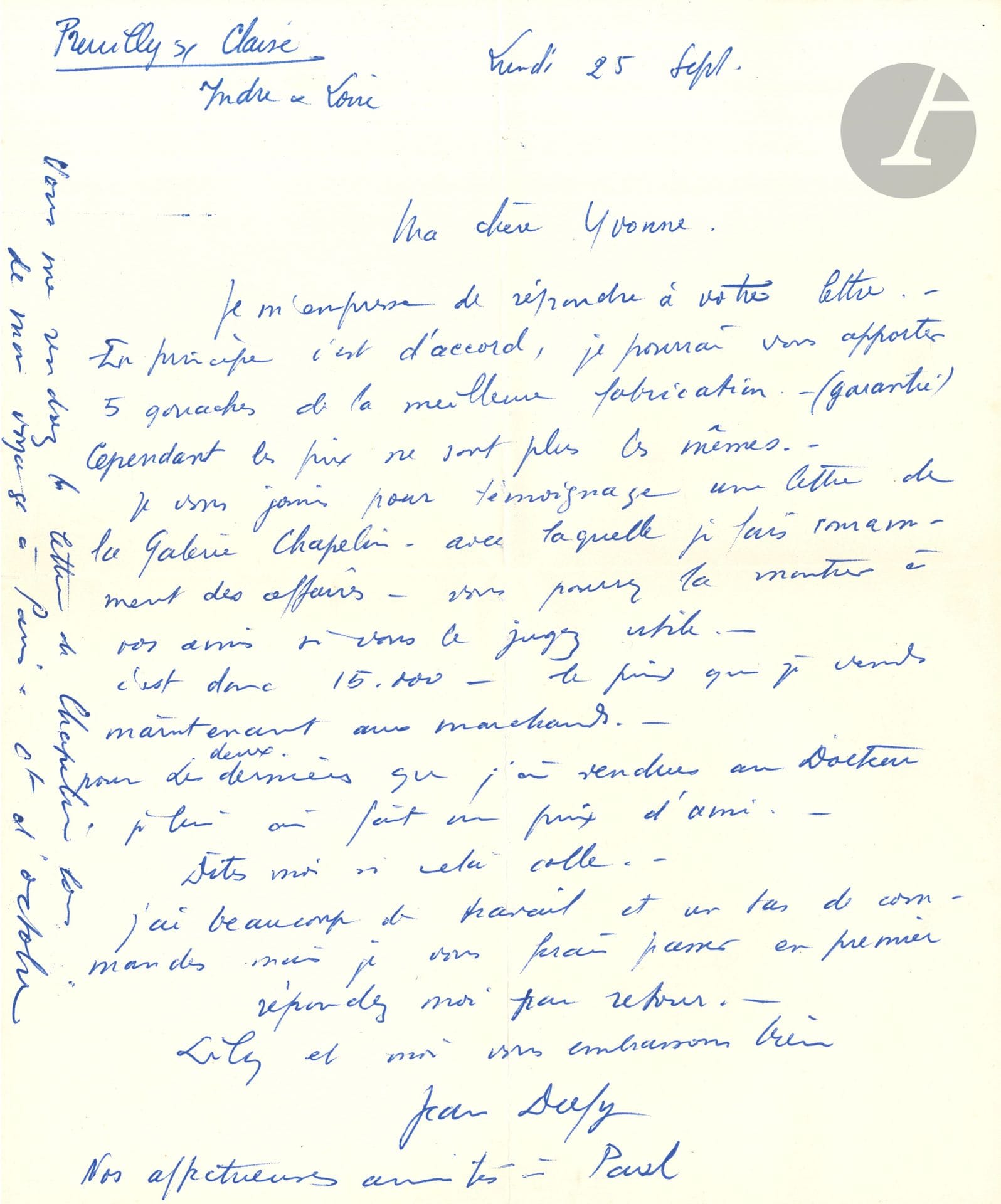 Jean DUFY (1888-1964). 6 L.A.S., Preuilly-sur-Claise 1950-1951, à Mme Yvonne Bourgeois; 7pages formats divers, enveloppes.
Lettres amicales, écrites de sa maison de La Boissière à Preuilly-sur-Claise. Il décrit le printemps en Touraine; il propose des gouaches : fleurs, Bois de Boulogne avec cavaliers, place de la Concorde…; il parle de son travail, malgré ses douleurs à la main, de la santé de sa femme Lily; il doit augmenter ses prix (15.000 aux marchands); etc.
On joint une carte de vœux signée et un carton de vernissage; la plaquette sur Chatou de la Galerie Bing (1947, textes de Derain et Vlaminck, avec une photo); 4 cartes de vœux illustrées (par Jean et Francine), et une carte postale de «Jean» de Honfleur au Dr Paul Viard.