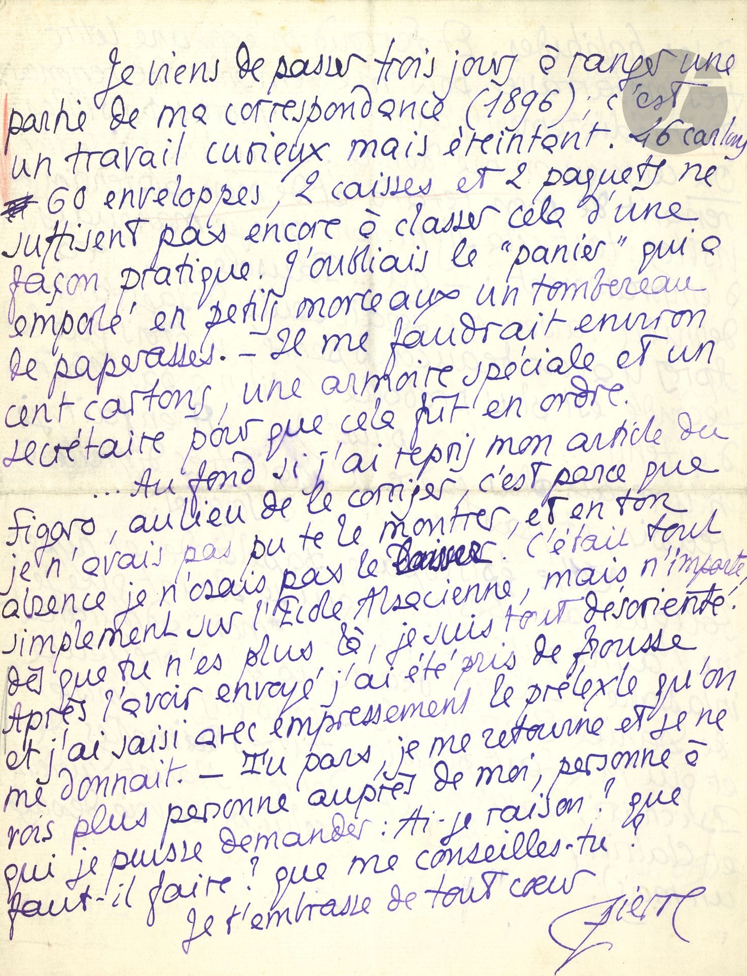 Pierre LOUŸS. 8 L.A.S. "Pierre", July-November 1901, to his brother Georges Louis; 32pages in-8 or in-4, envelopes.
Correspondence largely unpublished. 
- July 26. Worries about the health of his nephew Philippe, whom his parents have taken to Cairo. Then he talks about the excavations by Egyptologist Émile Chassinat in the ruins of the temple adjoining the pyramid of King Didoufri, successor to Khufu... - August 2. Concerns about Philippe's health; news of his son Tigre (Pierre de Régnier), whose education he is following; his novel Les Aventures du Roi Pausole, which "painfully reaches the 16th mile amidst the erasures that are beginning in young reviews"; Anatole France has refused to write the preface; he has tidied up his correspondence...- August 6. Articles sent (clippings attached).  There have been "a few small erintements typed, about Pausole"... - August 7. He is relieved to learn of the arrival of Georges and his family in Cairo. "You know what these August days in Paris are like. No joy, no trouble. You don't see a living soul"... - August 21. He refers to an article about his King Pausole, which he attributes more to his brother's fame than to his own talent: "I find the Egyptians delightful for Pausole, or rather for your brother's hero, and that must mean that they are very anxious not to be unpleasant to you". Purchase of a "Japanese makimono measuring over three meters and an illustrated novel, both equally "spring-like" as the Japanese say. The novel is bad Tokio imagery, very modern, shot in blue, red and green, you get the idea. The makimono, on the other hand, is absolutely remarkable, and I'd give my hundred and twenty Rops right now for it alone, which cost me the paltry price of... 15 francs"; in particular, there's a splendid rape scene.... - October 16th. Sad letter after the recent death of his nephew: "Are you beginning to feel the kind of slump and almost calm that follows those terrible weeks. I would so much like to be with you. It's been a fortnight since I've had any idea how you're starting to live again, and I'd like to know that every hour of every day. André, son of his half-sister Lucie Chardon, is considered lost. "Since the beginning of September, I've completely changed my life. I eat lunch at noon and spend all my days in libraries, for my book on Louise Murphy. I think it will be interesting"... - [November 2]. He is very worried: "In the state of despair you are in, everything can become a cause of illness"; news of little André. - 6 [November]. Despite the fever, he went to André Chardon's funeral: "Lucie is very brave, they say; but Edmond, whom I saw, was weak, old, with haggard eyes and hesitant hands. I heard he had a terrible seizure on his last day"... 

Attached is a l.a.s. from Paz Louis to Pierre, December 2, 1901.