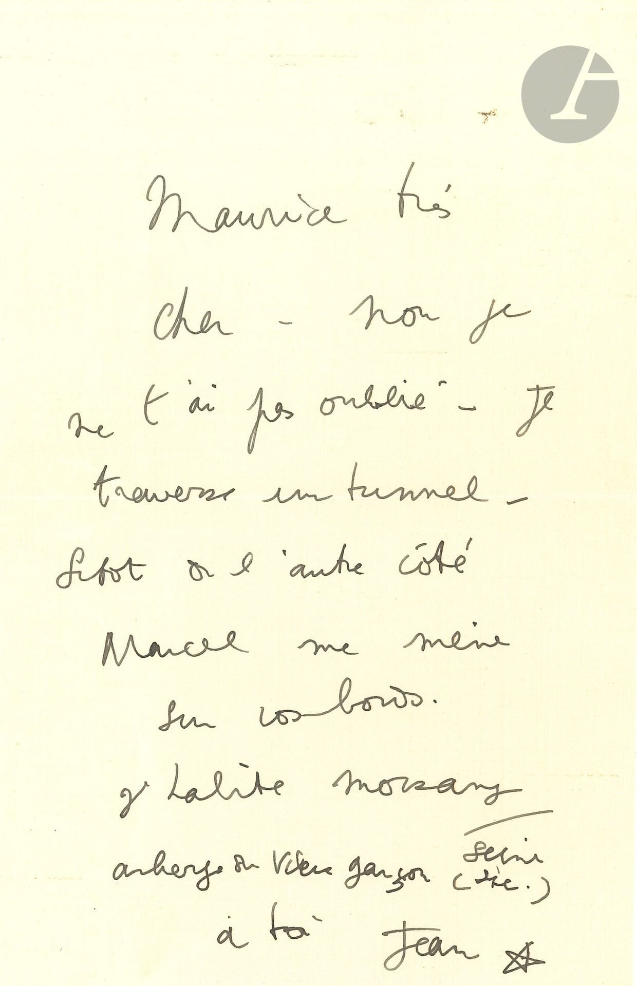 Jean COCTEAU (1889-1963). L.A.S «Jean», [Paris 5 juin 1934], à Maurice Sachs à Saint-Prest (Eure-et-Loir) : 1page in-8, enveloppe.
«Maurice très cher. Non je ne t’ai pas oublié. Je traverse un tunnel. Sitôt de l’autre côté Marcel [Khill] me mène sur vos bords. J’habite Morsang/Seine Auberge du Vieux Garçon (sic)»…