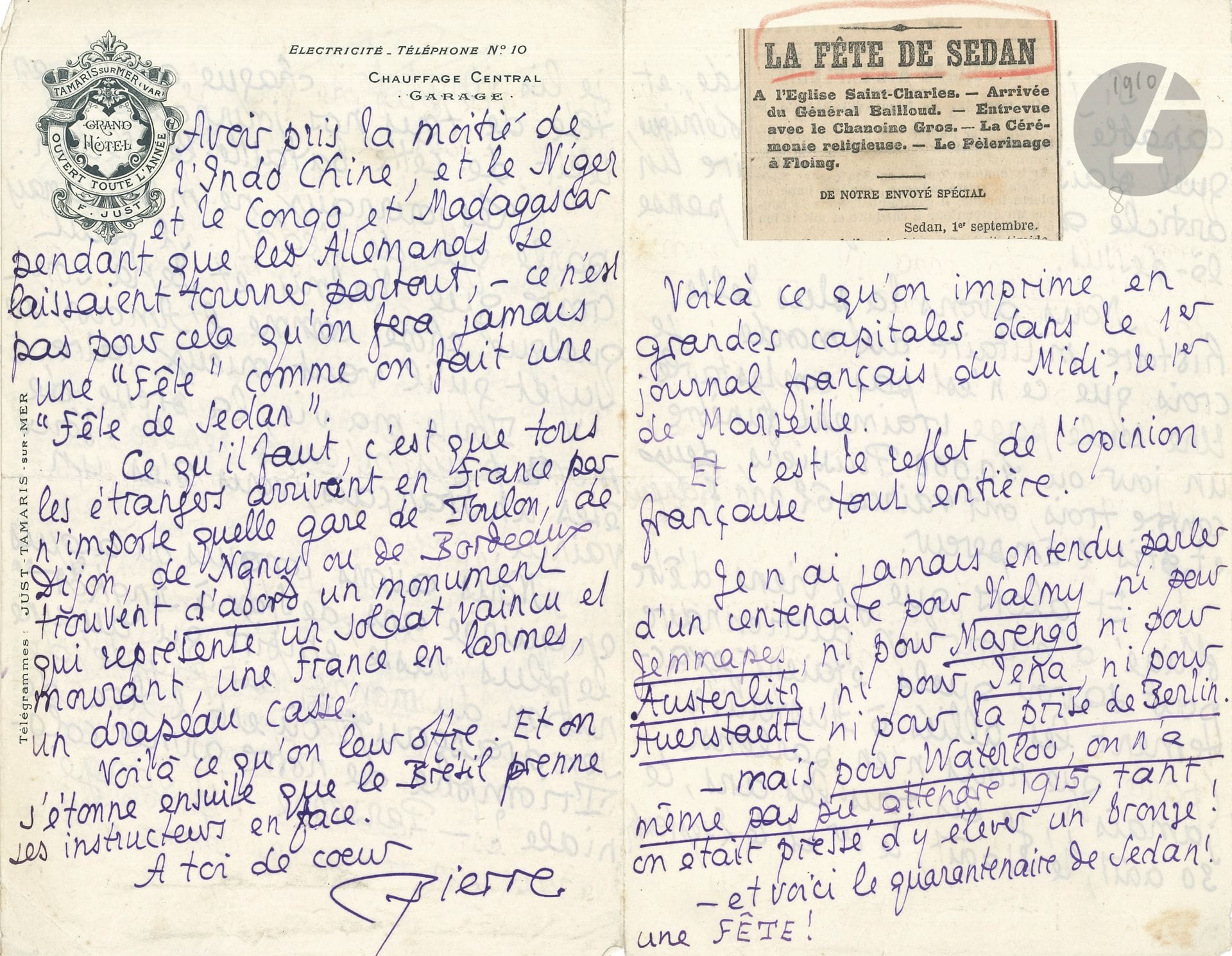 Pierre LOUŸS. 5 L.A.S. "Pierre" or "P" and 8 L.A. (minutes), 1910, to his brother Georges Louis; 31 pages in-8, 2 addresses, 7 on Grand Hôtel de Tamaris letterhead.
Correspondence largely unpublished, particularly during Louÿs's stays at Tamaris. 
- Late March? Anger from Polaire, to whom Louÿs refused to play La Femme et le Pantin: "she warned me that if she received this letter, she would murder me with a revolver"... - [April]. On a project to reduce the price of stamps (with press clipping) between France and England.... - Wednesday [June 29]. On his health: "It's my bronchial tubes, always my bronchial tubes that exhaust me. I'd have to make a muscular effort to breathe 30 times a minute or 40,000 times a day. I just can't do it. It's exhausting"... - Wednesday [July 6]. "I'm no longer in the acute state of the two worst days of last week when I couldn't even hold a pen but from yesterday to today it's increasing again"... - [July-August]. About a quatrain by Jean Moréas, and Vigny's La Maison du Berger, "a summit of our French language"... - Thursday evening [August 25]. 
Visit to Tamaris by his sister Lucie and brother-in-law Edmond Chardon. - August]. Dinner with André Lebey; electoral maneuvers in Lozère... - [September 1]. Fury at seeing the announcement of the Sedan Festival in a newspaper (clipping): "If I were less ill, and capable of sustaining a polemic, what a pleasure it would be to write an article with everything I think about it". He recalls the delicacy of the Germans during his stay in Bayreuth on September 2, 1891 "Sedantag". - September? He denies the good news about his health: "Because I'm fat and I look good. That's right. I'm fat and I look good. The opposite would be far more astonishing, because the emphysematous thin and pale does not exist in nature"... - On Claude Farrère and his Petites Alliées: "We've read the Petites Alliées. We know that Toulon is a city of pleasure from 8 o'clock in the evening. You can guess that I spend my evenings and nights there; that I lead a life of wild debauchery; that I'm the only one to be seen at dinner parties - as in Paris, by the way"... - November 12. "Since you left Tamaris I've had nothing but bad days and sad thoughts. That's why I write as little as possible". And he quotes a letter from Félicien Rops in 1892... His eight-month stay at the Tamaris hotel may seem extravagant: "I stayed at home for two and a half years because I didn't want to leave Paris without paying my term, and I've been here for eight months because I don't want to leave the hotel without settling my debt". Finally, he talks about the play La Femme et le Pantin, adapted with Pierre Frondaie, which has begun rehearsals at the Théâtre Antoine, despite Polaire's threats... - He complains about mosquitoes: "Annoyance and itching, that's all. But this mosquito-hunting that wakes us up for an hour or two every night, at the hour of our first sleep, I think it will end up being a factor in both our tiredness"... - He doesn't suffer from neurasthenia: "I can't and I don't want to live from my pen. [...] I don't want to turn my prose into money, it disgusts me"... He needs "material and extra-literary support", to cope with his debts...

7 autograph notes or minutes of letters (8 p. in-8) are enclosed: his budget and debts, philologists, a lunch at Porte Maillot, the climate in Algiers; politics: articles by Tardieu, Fachoda and the deserter affair, the Moroccan question, heads of state...