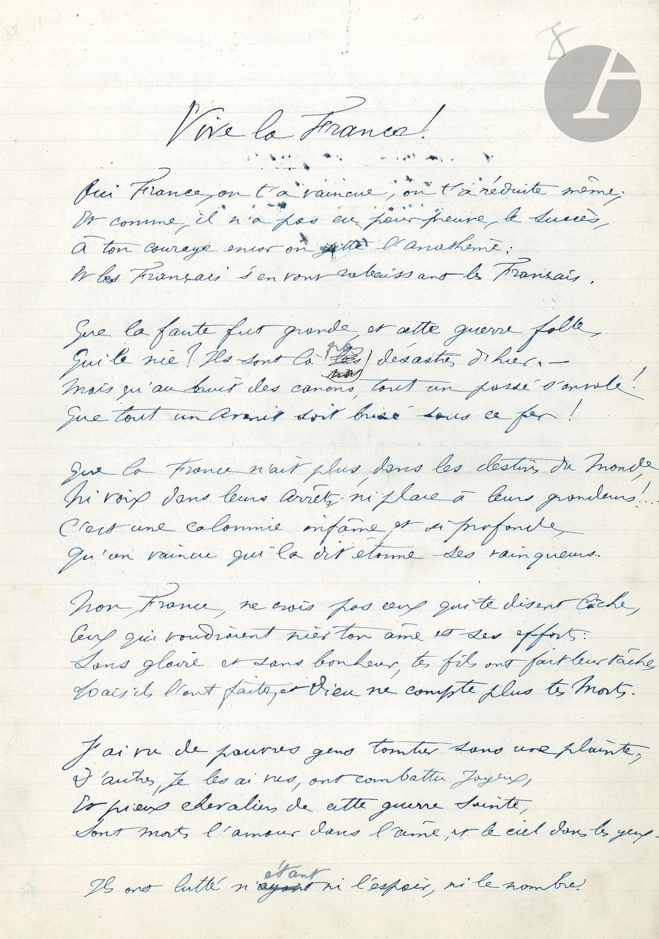 Paul DÉROULÈDE (1846-1914). 14 poèmes autographes; 37 pages in-4.
Manuscrits autographes de poèmes de ses débuts, la plupart de premier jet, avec de nombreuses corrections.
Vive la France ! («Oui France, on t’a vaincue, on t’a réduite même»... 1er décembre 1870). À la Belgique («Salut ! petit coin de terre»...). À Mademoiselle Marie Royer, Sonnet (et quatrain). De profundis («Tu l’as bien connu ! C’était un grand diable»...). Aux Étudiants qui ont voilé le drapeau Français à Liège («Si vous l’aimez, enfants, cette mère patrie »... Décembre 1865). Silence, «À ma maîtresse Madeleine» («La douleur a ses cris; le plaisir a ses mots»... 15 nov. 1865). Sonnet («Cette chanson d’amour va vous faire sourire»... 26 nov. 1863). L’ébauche, «à Jean Portaels» («C’était avant la guerre et je t’aimais déjà»...). Soldats («C’est depuis l’aube qu’on marche»... en trois versions; Décembre 71). À Mr le Colonel de Vassard («Les vigoureux chevaux traînant les lourdes pièces»...). À M. le Prince Orloff («La Prusse et la Commune ont brûlé notre ville»...). Enthousiasme («Le soleil est triste et neigeux»...). «À qui l’attend debout certes la Mort est belle»... Bazeilles («Le blâme qui voudra, moi je l’aime ce prêtre»...).

On joint 3 poèmes en copie : Chasseurs à pied; «Les Turcos marchent deux à deux»...; Arrière-garde. 

Ancienne collection Daniel Sickles (VIII, 3140).