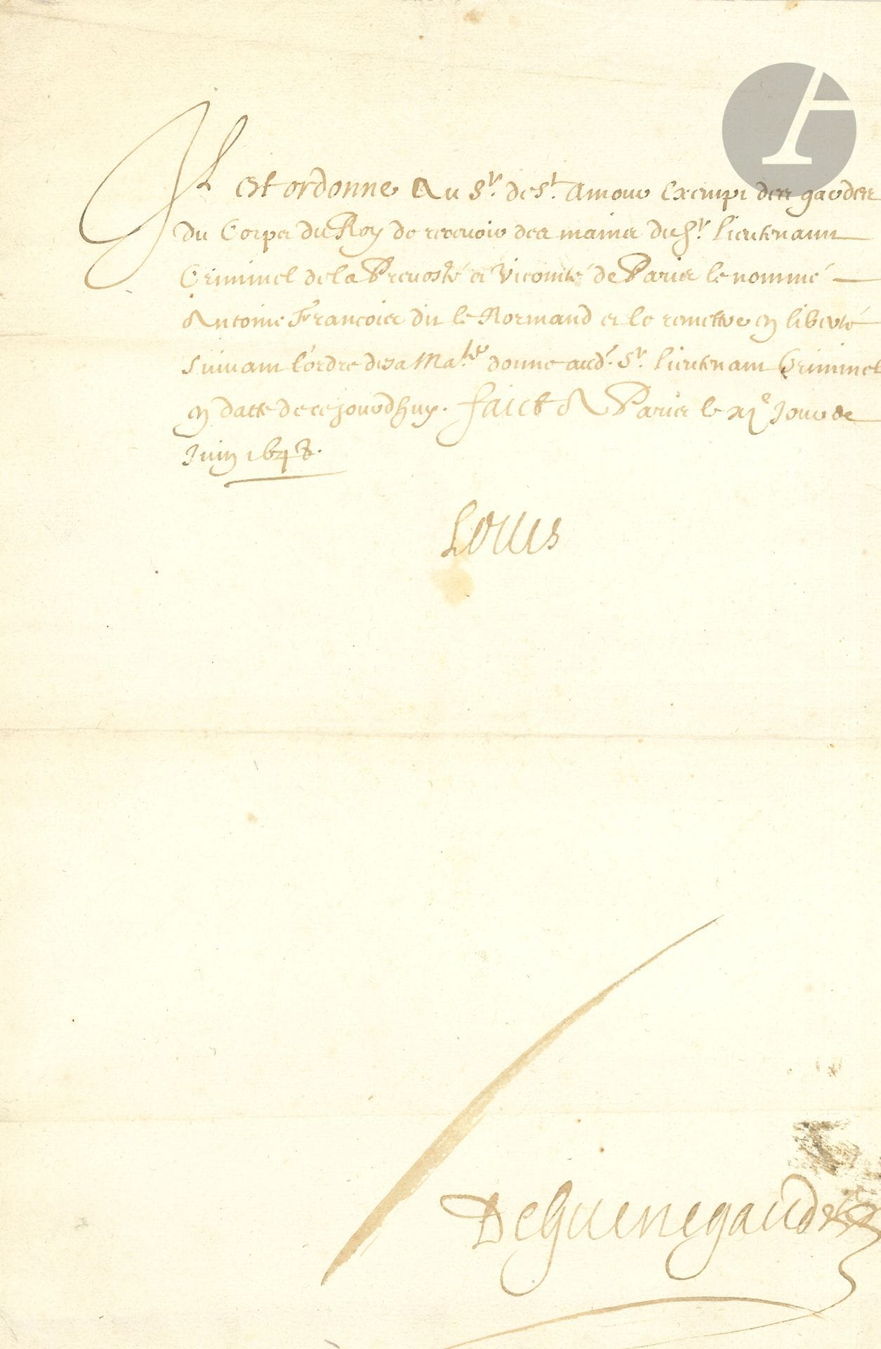 LOUIS XIV (1638-1715). 6 L.S. (secrétaire), 1644-1701; 1page in-fol. chaque, 5 adresses. 
Paris. 19 mai 1644, à M. de Boisse, au sujet des recrues qui ne se sont point rendues en Catalogne; contresignée par Le Tellier. – 11 juin 1648, ordre au S. de Saint-Amour de remettre en liberté Antoine François dit le Normand; contresignée par Guénégaud. –28 juin 1650, à M. de Cuers, qu’il a choisi pour la charge de viguier à Toulon; contresignée par Loménie (plis réparés au papier gommé). 
Saint-Germain en Laye 30 novembre 1676 et 20 juin 1679, à M. de Digoine, convocation aux États de Bourgogne; contresignées par Phelypeaux. – Marly 27 juillet 1701, au sujet de la suppression de plusieurs capitaineries des chasses dans l’apanage de son neveu le duc d’Orléans; contresignée par Phelypeaux. 

On joint 6 copies de lettres ou de pièces, requête, etc..