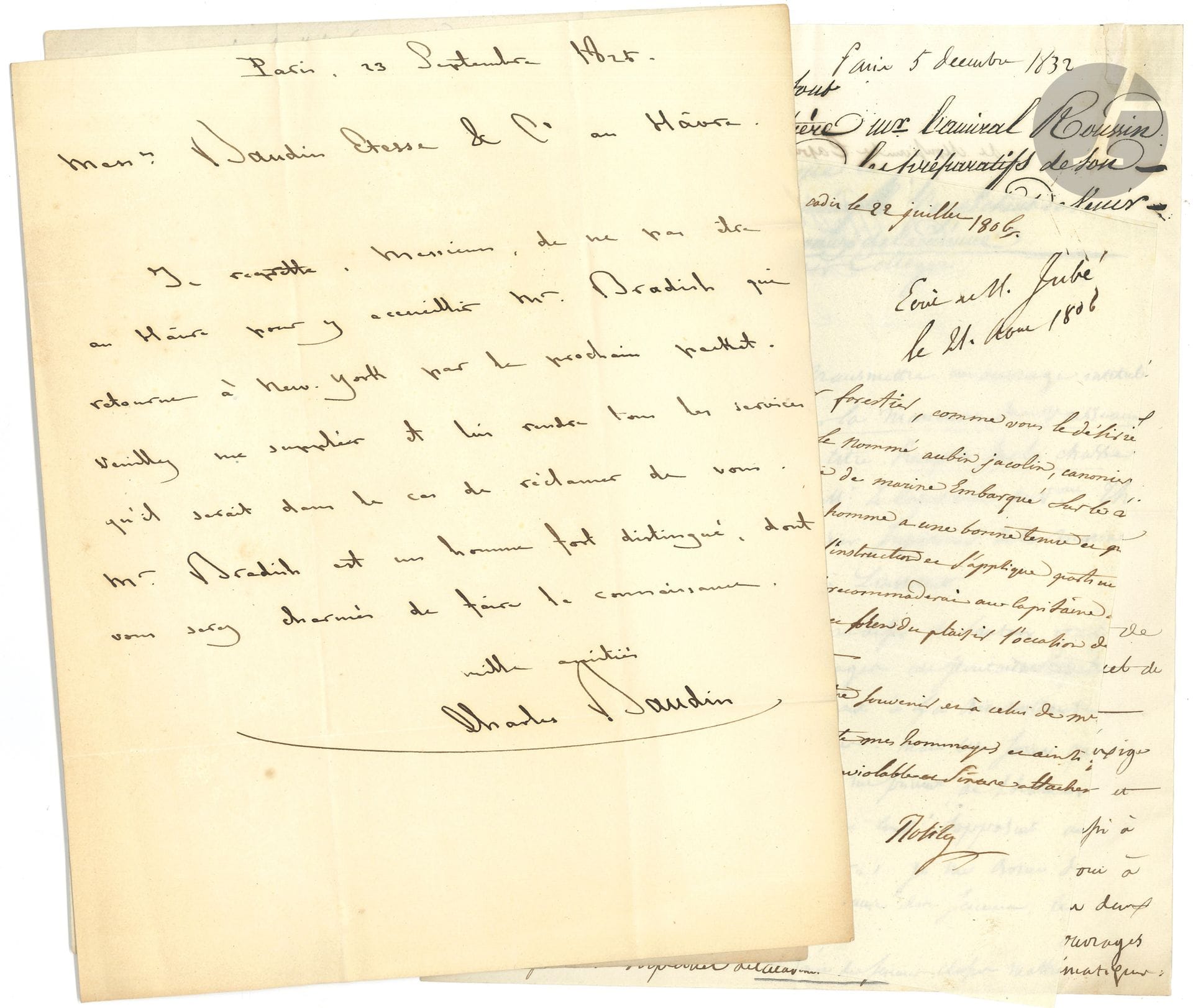 MARINS ET VOYAGEURS. 9 L.A.S. ou pièces.
Charles Baudin (1825), Henri Goudchaux (carte de visite)  Guillaume de La Landelle (3), Jules Lecomte (belle et longue lettre écrite de Turin en 1848, à l’amiral Baudin), Charles Napier (1841), François-Edmond Paris (Exposition Universelle de 1867), François-Étienne de Rosily-Mesros (1806, un bord rogné), Albin Roussin (à François Arago avec apostille de 4 lignes d’Arago, 1832). On joint une gravure coloriée, Georges d’Arnouville et les pirates du Golfe Persique.