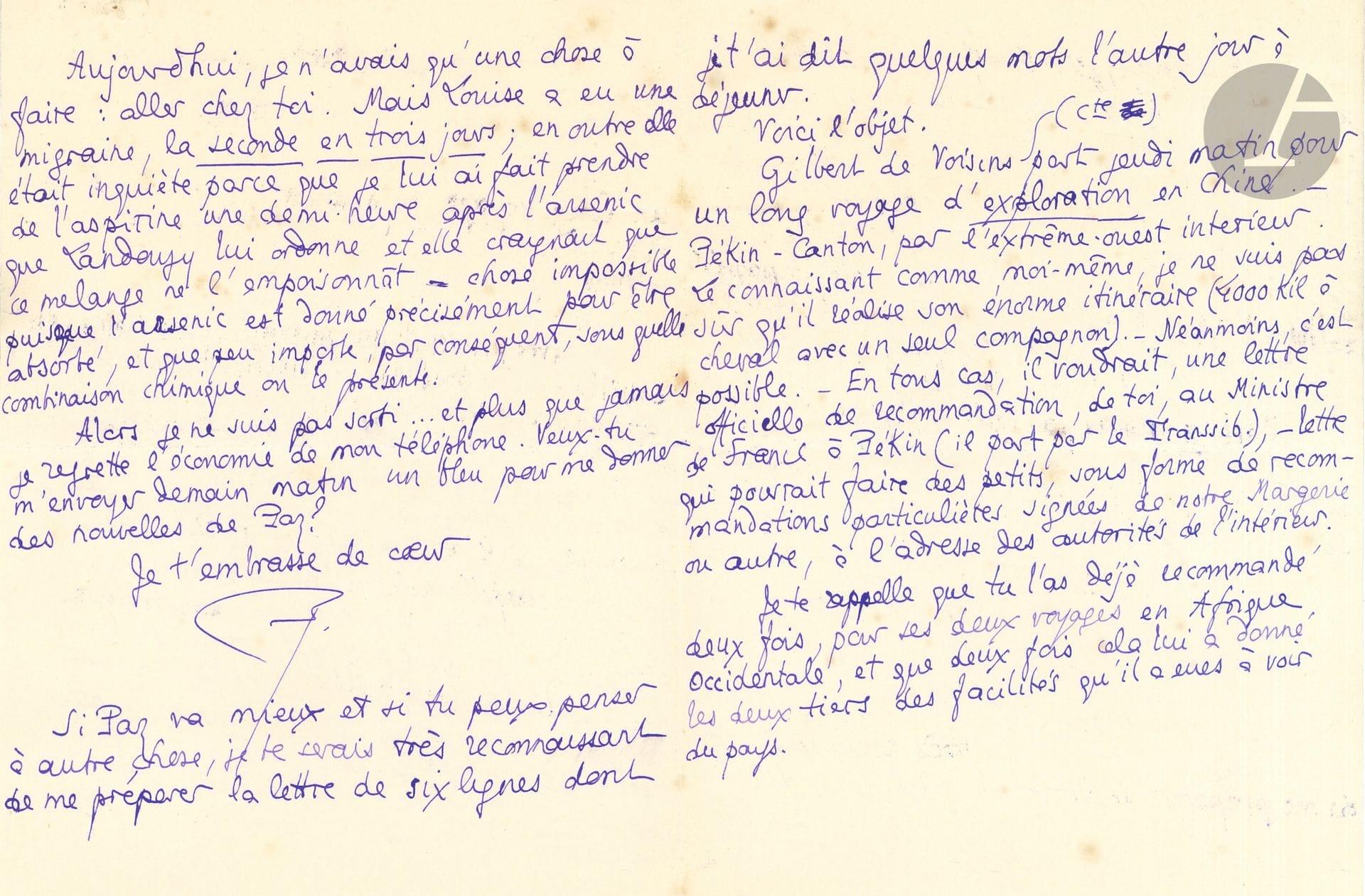 Pierre LOUŸS. 4 L.A.S. «Pierre» ou «P», et 2 L.A. (minutes), 1909, à son frère Georges Louis; 16pages in-8 ou in-12, 2 enveloppes.
Correspondance inédite. 
– [Juin]. Récit d’un dîner ennuyeux. – Mardi [8 juin]. Violentes migraines de son épouse Louise : «quand je la vois comme aujourd’hui hurler et se tordre sur son lit, et crier qu’elle aimerait mieux avoir les deux mains broyées que de souffrir ce qu’elle souffre… qu’est-ce-que cela peut-être ?»… – Dimanche [13 juin], au sujet de Gilbert de Voisins, qui part «pour un long voyage d’exploration en Chine»... – [22 juin]. Bilan des dépenses et frais du ménage.. «je ne joue jamais, ni à la Bourse, ni aux courses, ni aux cartes […] je n’ai pas de maîtresse ni d’écurie, ni de cave, ni de vice quelconque». Il lui faudrait un poste dans une bibliothèque ou un musée, comme en ont eu d’autres écrivains de premier ou «du dernier ordre»… – [27 juin]. Dès que Georges sera nommé ambassadeur en Russie, il aura les visites de Richepin, Hervieu, et G. Lecomte, au nom de la Société des Auteurs et de celle des Gens de Lettres : «Le vote de la Douma autorisant les russes à jouer pour rien les auteurs français, sous prétexte que la Russie est pauvre, a fait un bruit énorme chez ces messieurs»; si Georges réussissait à résoudre ce conflit, il aurait toute la presse pour lui… – Samedi soir [13 novembre]. Sur ses vaines démarches et négociations pour se sortir de son impasse financière… Puis il évoque sa collaboration avec Gémier pour la mise en scène de la pièce La Femme et le Pantin, mais ce sera pour l’an prochain… «Je ressemble ce soir à un pêcheur qui serait en pleine tempête et à qui l’on dirait : “Vous coulez. Mais ne vous plaignez pas. Il fera beau le 20 mai.”»…