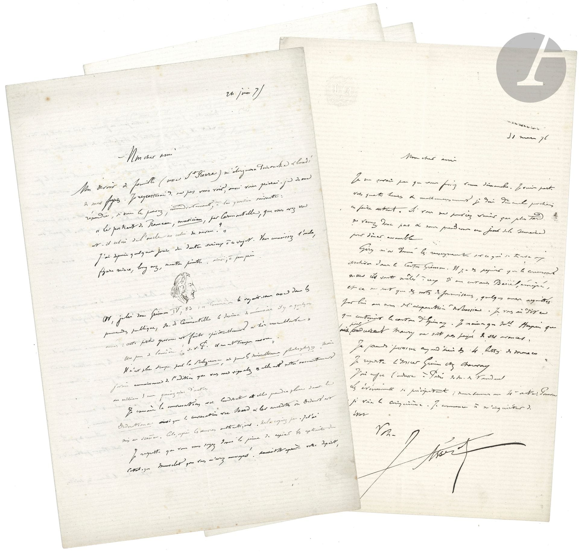[Denis DIDEROT (1713-1784)]. Jules ASSÉZAT (1832-1876). 7 L.A.S., 1875-1876, à son ami et collaborateur Maurice Tourneux; 11pages in-8 d’une minuscule écriture.
Intéressante correspondance sur la préparation de leur édition des œuvres de Diderot.
Il est notamment question d’un portrait du neveu de Rameau par Carmontelle (avec dessin à la plume de la tête de Rameau l’oncle), de la Religieuse, des Miscellanées philosophiques, Jacques le Fataliste (et ses emprunts à Sterne), d’un manuscrit du Voyage de Hollande, des manuscrits de Russie, du Rêve de Mlle Clairon, des Salons, de Grimm, de la correspondance, etc. «Je connais la conversation avec Condorcet et elle prendra place dans les Diderotiana ainsi que la conversation avec Suard & les anecdotes où Diderot est mis en scène. […] »….
On relève encore le long récit d’un voyage à Langres sur les traces de Diderot.