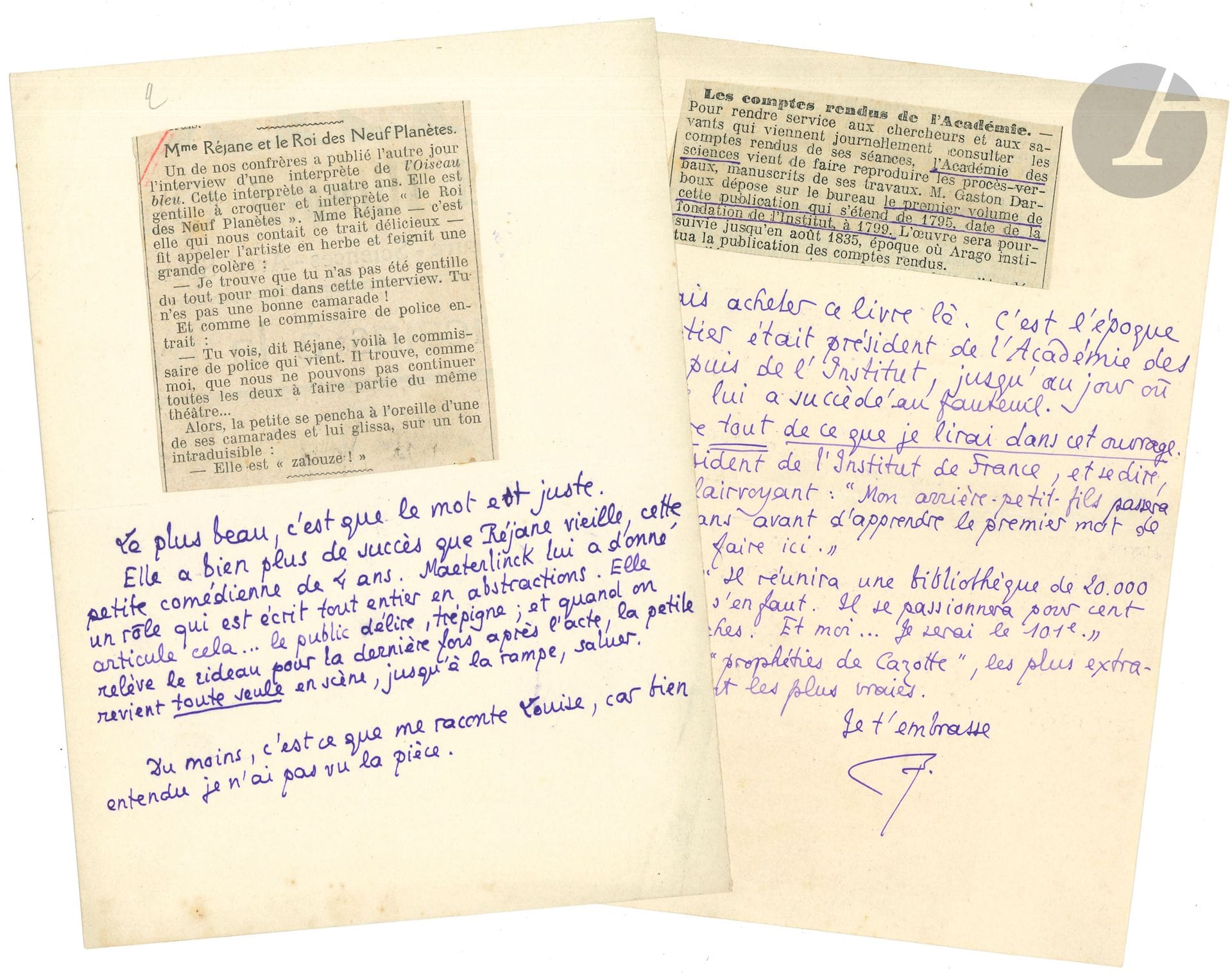 Pierre LOUŸS. 4 L.A.S. «Pierre» ou «P» et 6 L.A. (ou minutes), 1911-1912, à son frère Georges Louis; 25 pages in-8, 2 enveloppes.
Correspondance en grande partie inédite. 
1911. – [10 mars]. Commentaire d’une coupure de presse sur Réjane et une jeune actrice de 4 ans dans L’Oiseau bleu. – [8 juillet]. Commentaire d’une coupure de presse sur l’Académie des Sciences. – Jeudi soir [13 juillet ?]. Sur l’incident d’Agadir : «Même si nous triomphons, même si les négociations réussissent au-delà de toute espérance, je conserverai un souvenir douloureux de cette semaine-ci. Depuis cinq jours on nous marche sur le pied. Cela me fait mal»… – Lundi 17 juillet. Conversation avec André Lebey sur l’avenir incertain du parti socialiste, affaibli par les dernières grèves : «La cause principale ? Les cheminots. C’est le plus grand effort de révolte qui ait été fait par la classe ouvrière. Et il a échoué»… – 24 juillet. Sa vue baisse… – [Vers le 10 août]. Sur l’incident d’Agadir et ses conséquences sur la diplomatie mondiale : «Entre 1870 et 1911, la situation est si différente. En 1870, la Prusse a l’Allemagne à faire; donc la guerre à faire. En 1911, l’Allemagne a l’Allemagne à conserver; la guerre à ne pas faire. […] depuis 51 jours je me demande pourquoi nous n’avons pas de croiseur à Agadir – et je ne comprends, ni la politique, ni la tactique, ni la diplomatie, ni la sagesse de notre abstention […] Plus le temps passe, plus nous allons regretter de ne pas nous être installés là dès le début»… – [30 août]. Il raconte avec humour l’empoisonnement collectif dont toute sa maisonnée a été victime, à cause de gâteaux… – Vendredi 29 [septembre]. Il se réjouit du prochain retour de Georges, et parle de ses «troubles visuels»; commentaires sur «l’affaire Agadir»… 
1912. – Lundi soir [juin]. Lettre codée après le départ de Georges, rappelé à Saint-Petersbourg après des réclamations du gouvernement russe (il sera limogé début 1913). – 1er décembre. Sous le titre Le Coup de collier, Louÿs rapporte les propos d’un officier et d’une recrue à l’instruction avant leur envoi au Maroc. 

On joint : – une l.a.s. d’Hélène Maindron à son beau-frère Pierre Louÿs (20 mai 1911); – une l.a.s. de Georges Louis à sa femme Paz, 16 novembre 1912, songeant à sa retraite pour raisons de santé.