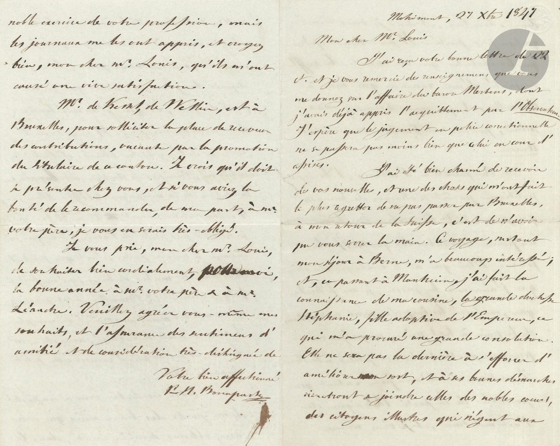 Pierre-Napoléon BONAPARTE (1815-1881) fils de Lucien Bonaparte; aventurier, député de Corse, assassin du journaliste Victor Noir. 8 L.A.S., Mohimont et Paris [1838 ?]-1848; 19pages in-8 ou in-4, une enveloppe et 4 adresses.
Intéressante correspondance à ses amis belges. [De 1838 à 1848, Pierre-Napoléon Bonaparte, en exil et expulsé de plusieurs pays, vécut dans les Ardennes belges, avec sa maîtresse Rose Hesnard. Sa signature est suivie des points maçonniques.] 
Les premières lettres, écrites de Mohimont, sont adressées à Louis Larcin, garde général à Wellin, puis contrôleur du Canal de Charleroi, à Bruxelles (une à Mme Detinne, une amie ou parente de Larcin). – 6 juillet, il demande ce qu’il doit à Larcin et le prie de patienter pour le remboursement de sa dette, «jusqu’à l’arrivée de fonds que j’attends incessamment»… – 30 décembre. Il est désolé de ne pouvoir régler sa dette envers Mme Detinne : «la Banque de Belgique, où j’avais un crédit ouvert, a complètement suspendu ses paiemens, ainsi que vient de me l’écrire Mr le directeur de la Banque… route»; il a demandé de l’argent à Londres. – 26 octobre 1842, il remercie pour l’envoi des Mystères de Paris. Il se plaint qu’on continue le tracasser; les gendarmes exercent une «surveillance impolie et tracassière»; ainsi, alors qu’il partait chasser en forêt de Chiny, ils ont maltraité l’aubergiste chez qui il avait fait halte à Luxy. – 20 septembre 1843. Projets de mariage : «Telle dont la famille et la fortune pourraient convenir, n’est ni jeune ni jolie; telle autre est jeune et jolie, mais sa fortune est problématique; pour d’autres enfin, il faudrait faire des démarches, dont le résultat n’est pas certain. Je crois donc que je resterai tel que je suis, en espérant un meilleur avenir»… Il se plaint de son domestique qui l’a «trahi de la manière la plus indigne»… – 16 octobre 1843, au sujet de la rente viagère qu’il a faite à Rose…
Les autres lettres sont adressées à Louis Arnould, avocat à Bruxelles. – Mohimont 27 décembre 1847. Il a appris l’acquittement du baron Mertens. Il raconte son voyage en Suisse, où il a fait la connaissance de sa cousine «la grande duchesse Stéphanie, fille adoptive de l’Empereur […] Elle ne sera pas la dernière à s’efforcer d’améliorer mon sort […] Au pis-aller, d’ailleurs, l’horizon politique paraît se charger de nuages qui pourraient bien submerger la confiance insolente des quakers du jour. Moi qui ai le courage de dire que j’aimerais la guerre, je me félicite que, malgré les imprévoyans conservateurs de la paix à tout prix, on prépare presque partout des croupières à tailler». Il continue à s’occuper de «la partie théorique de l’art militaire», et prie Arnould de lui procurer un ouvrage. 
Paris 29 février 1848, sur son arrivée à Paris : «Tout est tranquille, admirable d’ordre, de magnanimité et de résolution ! J’ai été bien reçu par le gouvernement provisoire». On l’a assuré que «la République a pour principe de respecter inviolablement l’indépendance des autres pays»… – 25 mai 1848. Il a été élu «Représentant du Peuple», et admis à l’Assemblée Nationale à l’unanimité : «sans distinction de nuance d’opinion, tous nos collègues nous ont accueillis, mes cousins et moi, avec une vive sympathie». Il est «prêt, si la République est attaquée, à me porter au 1er rang de ses défenseurs, soit contre l’étranger ou contre les fauteurs de désordres»… 

On joint une l.a.s. du marquis de Pange à M. Arnould (1836); une minute de lettre d’Arnould au Prince (1871) et 3 reçus signés par M. Prion (1863-1865).