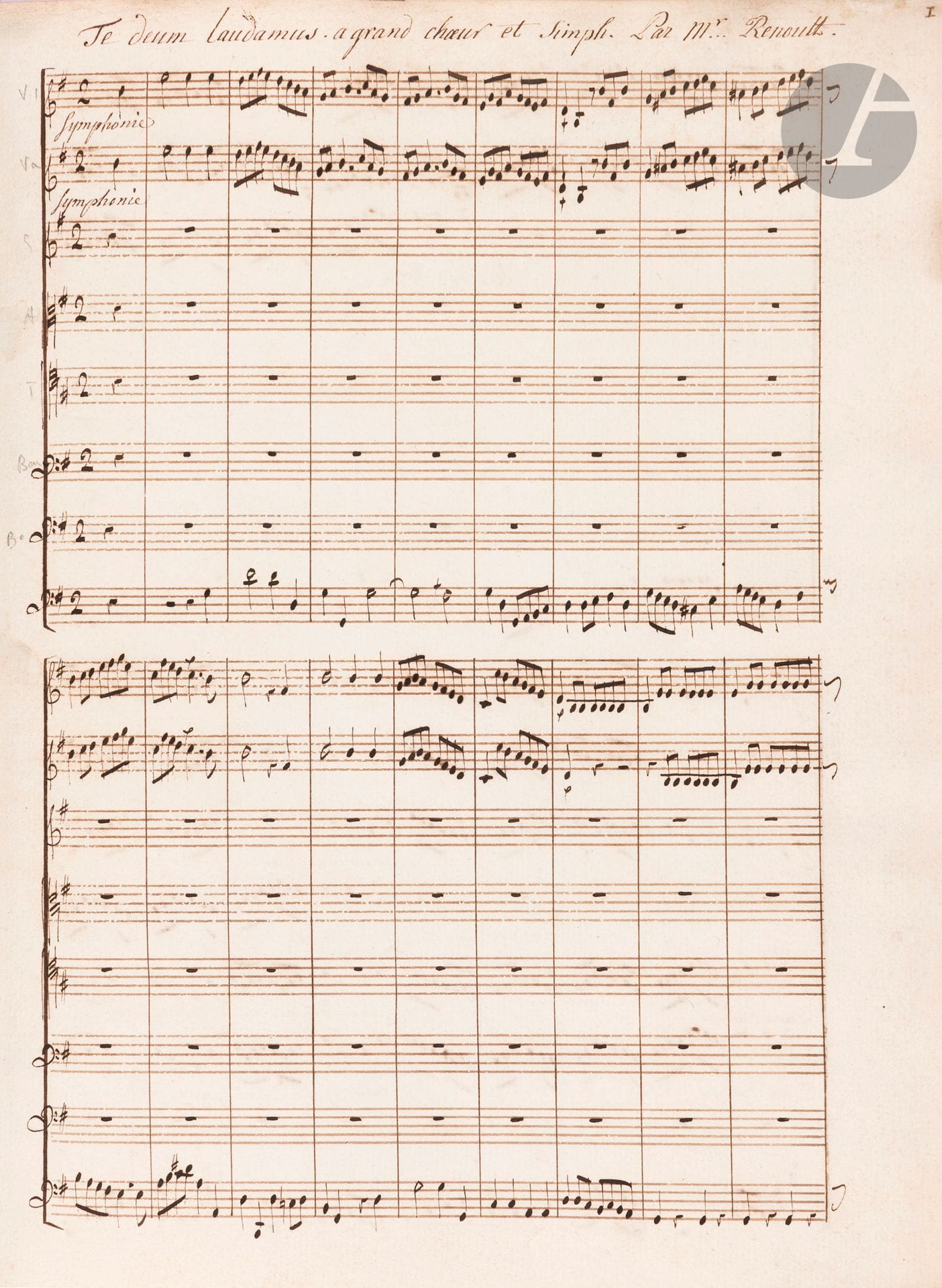 SACRED MUSIC. Musical manuscript, Te Deum, [late 18th century]; one folio volume (34 x 26 cm) of 190 pages, contemporary binding in speckled tan basane, spine decorated (binding a little worn).
Collection of four Te Deums. Fine copy in brown ink by Fr. Guillaume Picheré in 1782. 
Renoult. Te Deum laudamus, followed by Domine salvum fac Regem, with large choir (5 voices) and symphony (59p.). 
Bordier. Te Deum, followed by Domine salvum, for 4 voices, symphony, trumpets and timpani, 1761 (39p., signed at the end F.G.P.). 
Savart. Te Deum for 5 voices, violins and bass (36p., signed at the end Fr. Guill. Picheré, and dated February 28, 1782). 
 [Anonymous]. Te Deum in D major, for 5 voices, violins and bass (46p.). 

Attached is a manuscript notebook: O Salutaris et Domine Salvum composed by Pierre Candeille for the church of Saint-Eustache, 1807 (in-4 of 5 leaves, plus 13 parts); on the cover, note by Ponchard père.