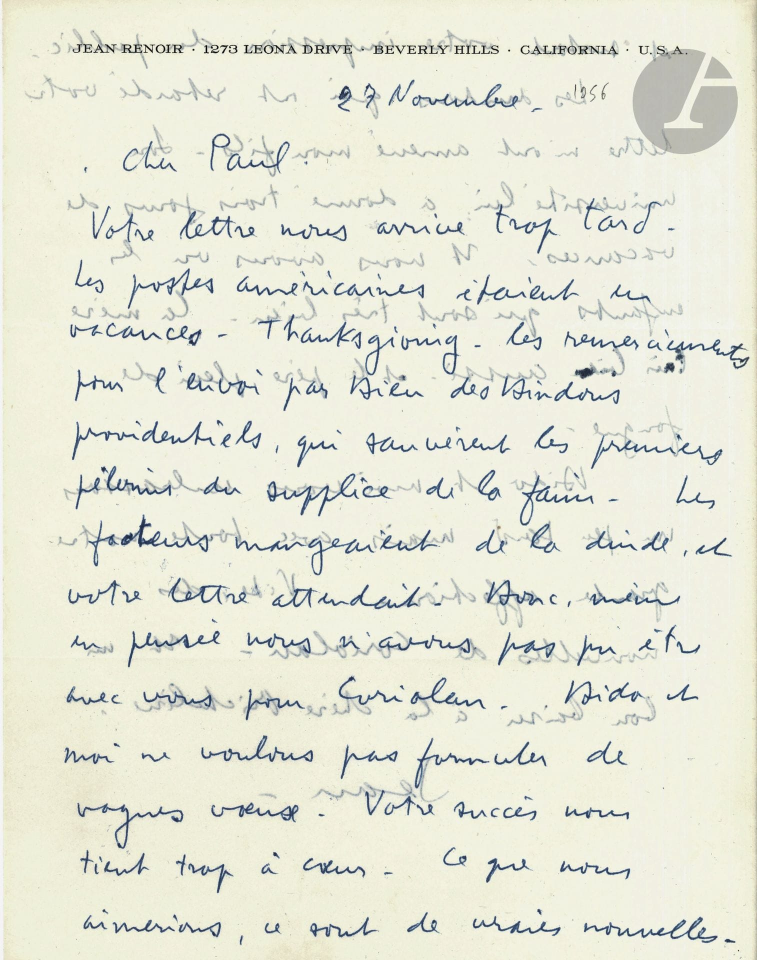 Jean RENOIR (1894-1979). 11 L.A.S. et 3 L.S., 1954-1966 et s.d., à Paul Meurisse; 20pages in-4 (3 à son en-tête à Beverly Hills).
Belle correspondance amicale du réalisateur et auteur à l’acteur. 
Paris 18 novembre [1954], pendant l’écriture de sa pièce Orvet, sur la transformation du personnage de Georges, qu’il voudrait voir jouer par Meurisse [la pièce sera créée en mars 1955, par Meurisse et Leslie Caron]. – New York 13 septembre [1956], au lendemain de la sortie parisienne de son film Elena et les hommes, dont il prépare la version anglaise, ce qui retarde ses autres projets : «Le livre sur mon père, la traduction de Henri V»… – Beverly Hills 23 octobre. Il se plaint des conditions de synchronisation de son film, mais se réjouit de retrouver sa famille et de se remettre au livre sur son père; il aimerait retrouver Meurisse pour une «nouvelle aventure […] autour d’une caméra ou d’une rampe»; il parle de sa «vieille Gabrielle» [Renard, sa nourrice]. – 27 novembre, amusante lettre sur les fêtes de Thanksgiving… – 23 mars [1957]. Sur la santé déclinante de Gabrielle … «Le livre sur mon père avance lentement». Sortie américaine d’Elena : «Je n’irai pas voir cet enfant déformé par les Deutschmeister et Cie». Il travaille à sa nouvelle pièce : «Ma plus grande joie serait si vous pouviez jouer le rôle de l’homme en face d’Ingrid [Bergman]»… – 5 mai. Au sujet de Jules César de Shakespeare [mis en scène par Renoir en juillet 1954 aux arènes d’Arles] : « Je comprends vos hésitations […] Les quelques décors de carton de la télévision ne remplaceront pas les arènes d’Arles. D’un autre côté, en France et en français, Brutus vous revient et si vous ne le jouez pas, qui le jouera ?»… Il fera prendre une photo de lui avec Dido : «Ça ne remplacera pas la présence. Ce sera un “trompe couillon” comme disait Ferdinand Isnard, cuisinier et ami de mon père à Cagnes»… – 7 juillet. Mort de sa marraine Jeanne Baudot. – 14 août, sur le pastis envoyé par Meurisse. – 14 janvier 1958. Il viendra à Paris pour la sortie de La Grande Illusion. Abandon du projet de film pour Leslie Caron : «Elle a très peur maintenant de jouer les filles trop jeunes»… – 31 mars, après une blessure de Meurisse : «l’escrime est un sport dangereux»; la lettre est accompagnée d’un photo de Renoir et de sa famille. – 13 juillet 1966, échec de son projet de film C’est la Révolution (brouillon de réponse joint). 

On joint 4 lettres (dont 2 l.a.s.) de Dido Renoir à Meurisse, 1957-1958.