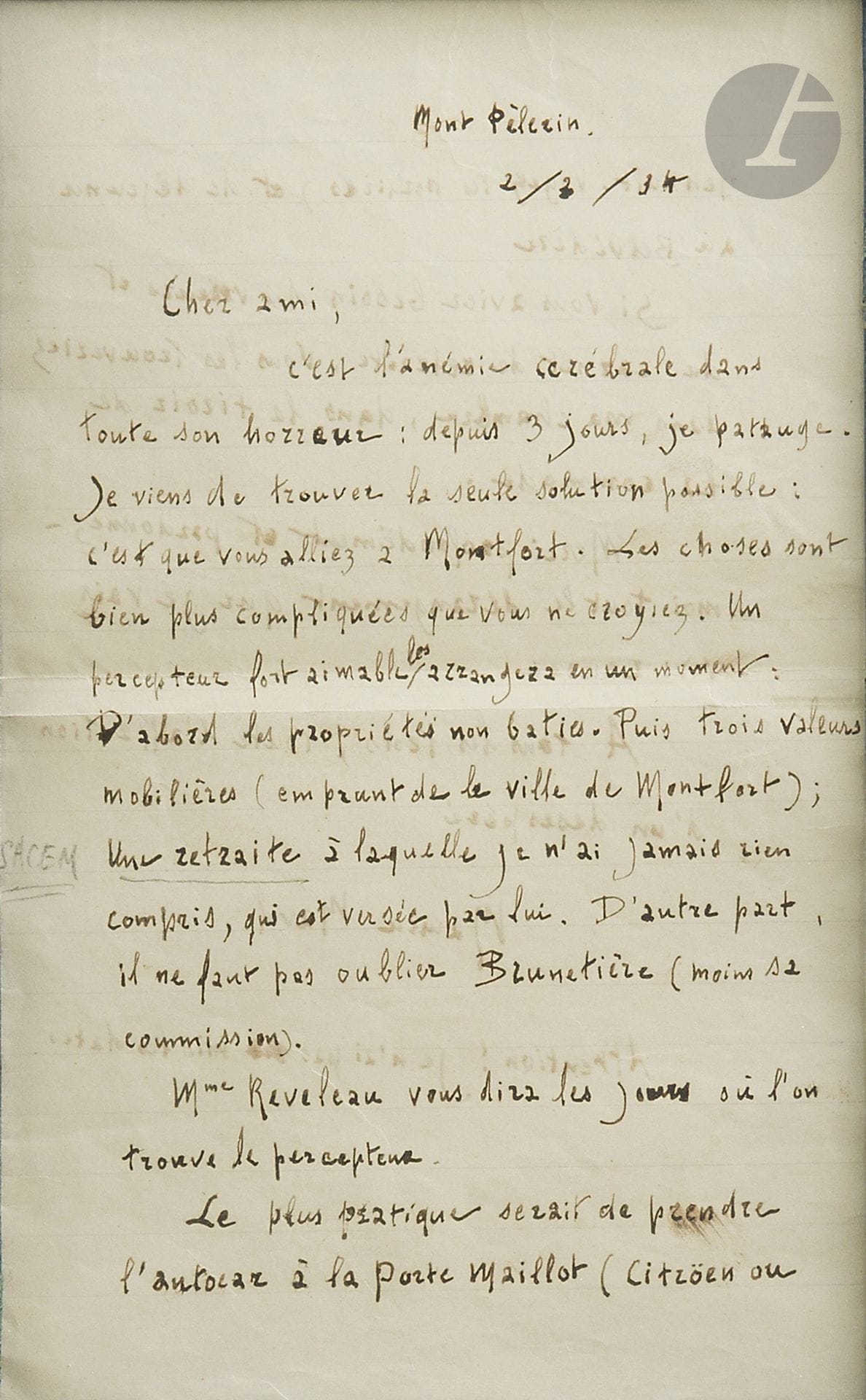 Maurice RAVEL (1875-1937). L.A.S., Mont Pèlerin 2/3/[19]34, to his friend Lucien Garban at the publisher Durand in Paris; 2pages in-8, headed envelope Mon Repos, Mont Pèlerin s/Vevey (Switzerland) (in double-sided frame with photograph).
Pathetic letter after aphasia attack. The characters are traced with difficulty, one by one, like printers' letters; at the same time, Ravel writes to Marie Gaudin that a letter costs him "days of torture". He is now resting in a Swiss clinic, Mon Repos, at Mont-Pèlerin near Vevey. 
 "Dear friend, it's cerebral anemia in all its horror; for 3 days, I've been floundering". Ravel asks Garban to arrange his affairs by going to see the tax collector in Montfort l'Amaury, and gives him his instructions: "first the undeveloped properties. Then three securities (loan from the town of Montfort); a pension [from SACEM] which I have never understood [...] If you need the securities and the pension booklet, you'll find them in my room, in the dresser drawer". He is sorry for the inconvenience, and ends by sending his friends "all the affection of a desperate man"... 

Unabridged. Correspondance..., n° 2473, p. 1321.