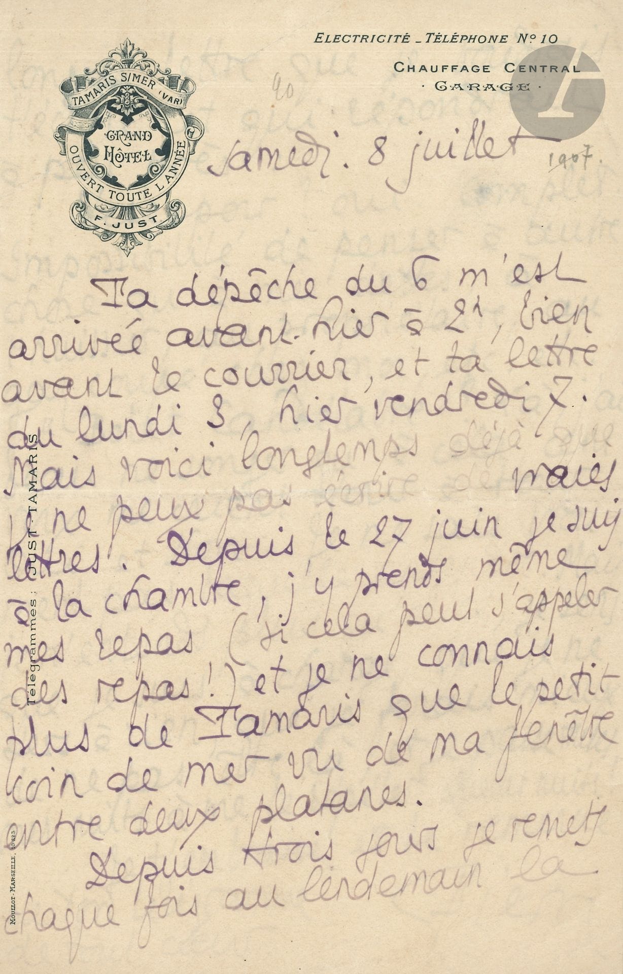 Pierre LOUŸS. L.A.S. «Pierre», Tamaris 8 juillet [1905], à son frère Georges Louis; 2pages in-8 à en-tête du Grand Hôtel.
Pierre Louÿs s’est réfugié à Tamaris dans l’espoir d’avancer sur son roman Psyché… «Depuis le 27 juin je suis à la chambre […] Désespoir ? oui. Complet. Impossibilité de penser à autre chose qu’à mes dettes, à l’huissier, au propriétaire, au gaz coupé chez moi, etc. etc. “Bolet Candélabre” ? [Désires-tu de l’argent ?, selon le code utilisé par Pierre et Georges] Là, j’ai beau ne songer qu’à cela, cent voix me crient tour à tour : Oui et Non. Je ne sais pas laquelle entendre. Mais je n’entends plus qu’elles, je sens que je suis à charge, que je ne sers à rien, que je ferais mieux de ne pas être là, et je passe toutes mes nuits à me le répéter. Quelles nuits !»… 

On joint une l.a.s. d’Hélène Maindron à son beau-frère Pierre Louÿs, [25 décembre 1905].