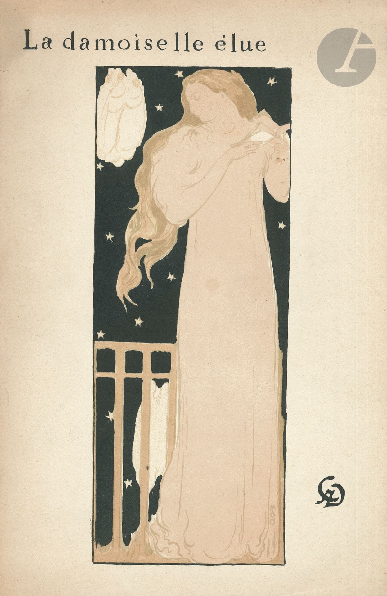 Claude-A. DEBUSSY. La damoiselle élue. Poème lyrique, d’après D.-G. Rossetti (Paris, Librairie de l’Art indépendant, 1893); in-fol. (débroché, manque le 2e plat de couv.).
Édition originale de la partition pour chant et piano, tirée à 160 exemplaires, un des 125 sur vélin blanc (n° 85). 
Couverture illustrée d’une lithographie de Maurice Denis. 

Exemplaire du compositeur Pierre de Bréville (1861-1949), qui a inscrit sa signature sur une page de garde.