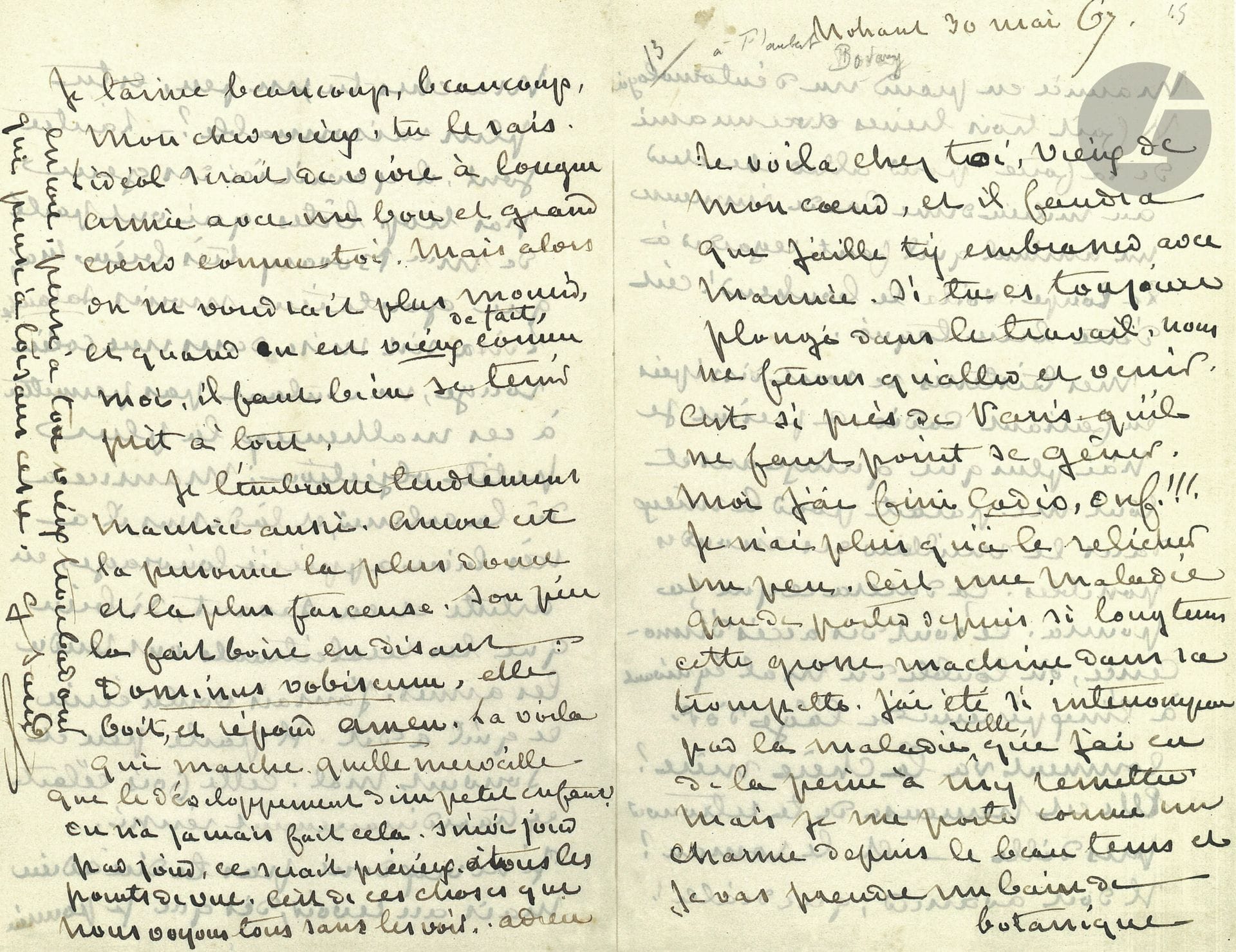 George SAND (1804-1876). L.A.S., Nohant 30 mai 1867, à Gustave Flaubert; 4pages in-8.
Très belle lettre d’amitié littéraire de Sand à Flaubert.«Te voilà chez toi, vieux de mon cœur, et il faudra que j’aille t’y embrasser avec Maurice [son fils]. Si tu es toujours plongé dans le travail, nous ne ferons qu’aller et venir. C’est si près de Paris, qu’il ne faut point se gêner. Moi, j’ai fini Cadio, ouf !!! Je n’ai plus qu’à le relicher un peu. C’est une maladie que de porter depuis si longtems cette grosse machine dans sa trompette. J’ai été si interrompue par la maladie réelle, que j’ai eu de la peine à m’y remettre. Mais je me porte comme un charme depuis le beau tems et je vas prendre un bain de botanique. Maurice en prend un d’entomologie. Il fait trois lieues avec un ami de sa force pour aller chercher au milieu d’une lande immense un animal qu’il faut regarder à la loupe. Voilà le bonheur ! c’est d’être bien toqué. 
Mes tristesses se sont dissipées en faisant Cadio. À présent je n’ai plus que quinze ans et tout me paraît pour le mieux dans le meilleur des mondes possibles. Ça durera ça que ça pourra. Ce sont des accès d’innocence, où l’oubli du mal équivaut à l’inexpérience de l’âge d’or. 
Comment va la chère mère ? Elle est heureuse de te retrouver près d’elle ! – Et le roman [L’Éducation sentimentale] ? Il doit avancer, que diable ! Marches-tu un peu ? es-tu plus raisonnable ? – L’autre jour, il y avait ici des gens pas trop bêtes qui ont parlé de Mme Bovary très bien, mais qui goûtaient moins Salammbô. Lina [sa bru] s’est mise dans une colère rouge, ne voulant pas permettre à ces malheureux la plus petite objection; Maurice a dû la calmer, et là-dessus, il a très bien apprécié l’ouvrage, en artiste et en savant, si bien que les récalcitrants ont rendu les armes. J’aurais voulu écrire ce qu’il a dit. Il parle peu et souvent mal. Cette fois c’était extraordinairement réussi. 
Je ne veux donc pas te dire adieu, mais au revoir, dès que je pourrai. Je t’aime beaucoup, beaucoup, mon cher vieux, tu le sais. L’idéal serait de vivre à longue année avec un bon et grand cœur comme toi. Mais alors on ne voudrait plus mourir, et quand on est vieux de fait, comme moi, il faut bien se tenir prêt à tout. 
Je t’embrasse tendrement, Maurice aussi. Aurore [sa petite-fille] est la personne la plus douce et la plus farceuse. Son père la fait boire en disant : Dominus vobiscum, elle boit, et répond amen. La voilà qui marche. Quelle merveille que le développement d’un petit enfant ! On n’a jamais fait cela. Suivi jour par jour, ce serait précieux à tous les points de vue. C’est de ces choses que nous voyons tous sans les voir. Adieu encore, pense à ton vieux troubadour, qui pense à toi sans cesse.» 

Correspondance, t. XX, n° 13135. Correspondance Flaubert-Sand (éd. A, Jacobs), p. 139. 
Ancienne collection Daniel Sickles (XII, 5080).