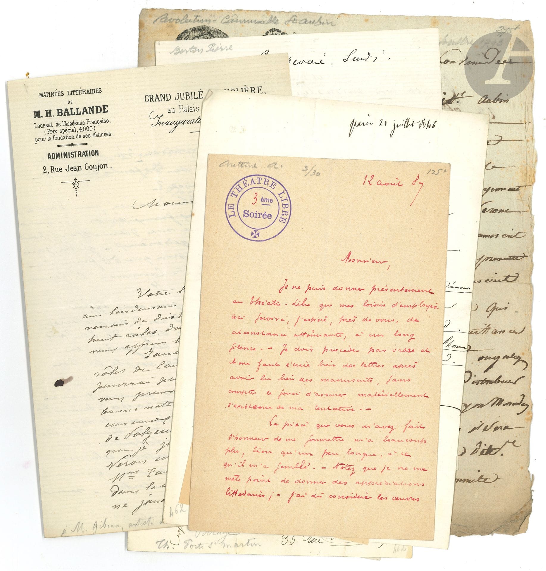 THÉÂTRE. 35 lettres ou pièces de comédiens, la plupart L.A.S.
André Antoine (Le Théâtre Libre, 1887, à propos de Séverine), Arnal (1846, photo jointe), Hilarion Ballande (1873), Pierre Berton, Bocage (à Pagnerre, avec photo), Bouffé (avec photo), Cammaille Saint-Aubin (contrat, 1793), Contant Coquelin, Coquelin Cadet (2), Louis Dumaine (1853), Firmin (1833), Geoffroy, Auguste Grassot (avec son répertoire autogr. et sa carte d’électeur), Alphonse Kime, Adolphe Laferrière (son engagement à Saint-Pétersbourg 1834 et son passeport, avec 2 l. d’Alexandre de Guédéonoff), Jules La Roche, Naptal Planat (Rouen 1843), Jules Vizentini (5 à Laferrière, 1854-1870), Albert Vizentini. Et 8 lettres adressées à Louis-Charles Gibeau par des directeurs de théâtre : Odéon (La Rounat, Pierron), Porte Saint-Martin (Larochelle, Marc-Fournier), E. Legouvé…