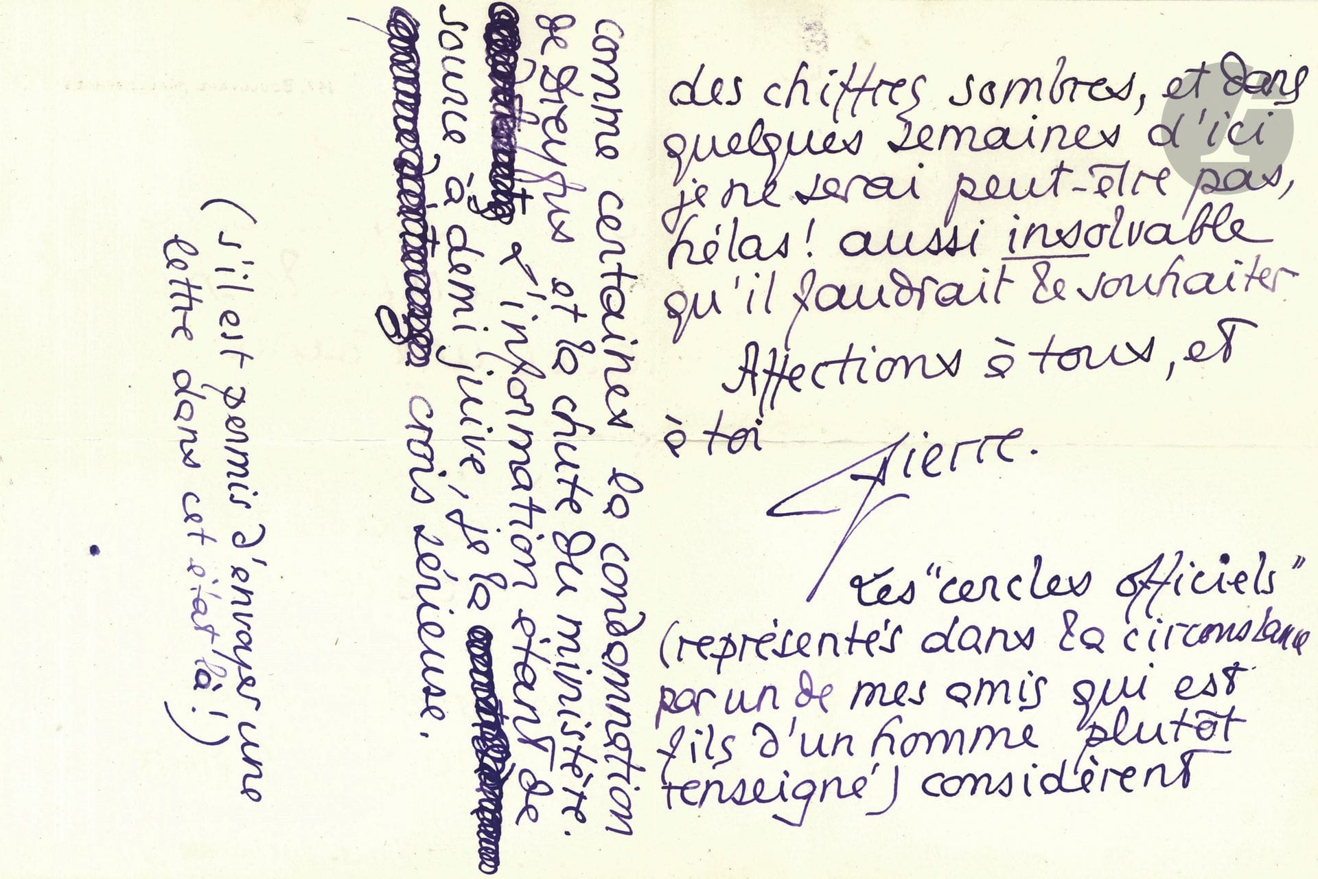 Pierre LOUŸS. 6 L.A.S. et 4 L.A., 1894-1921, à son cousin Charles Dubois; 35pages in-8, 3 enveloppes.
Correspondance familiale. [Charles Dubois, notaire à Épernay, avait épousé Marguerite Maldan, cousine maternelle de Pierre Louÿs.] 
– 147, boulevard Malesherbes, [fin 1894]. Il remercie de l’envoi d’un Kodak, évoque sa situation financière, et le dénouement de l’affaire Dreyfus, considérant «comme certaines la condamnation de Dreyfus et la chute du ministère. L’information étant de source à demi juive, je la crois sérieuse»… – Fontaine-Bleue près Alger 30 décembre [1896], sur son séjour à Alger, où il a loué une villa. – 2 novembre [1907]. Il a pris par erreur le train à Marseille : «C’est donc à Paris, où malgré moi je vais passer l’hiver, que je te prie de m’envoyer désormais : lettres de famille, caisses de vins de champagne, billets de part, cuissots de chevreuil (j’aime mieux le chevreuil que la bécasse), nouvelles diverses, présents somptueux, annonces découpées, etc., etc.». – 30 mars 1909. «J’ai complètement assez de la littérature. Quand j’ai pris cette brillante profession, je m’imaginais qu’elle consistait à publier de la prose ou de la poésie. Quelle erreur ! La littérature, ce n’est pas l’art d’écrire, c’est l’art de lutter contre les éditeurs […] J’en ai assez. Je donne ma démission»… – 7 juillet 1909. Curieuse lettre où il s’interroge sur les problèmes de filiation dans les grandes familles. – [1916]. Brouillon au sujet de démarches en sa faveur. –1920, trois lettres au sujet des problèmes qu’il rencontre avec la succession de son frère Georges. – 29 octobre 1921, sur ses problèmes de santé : «Pain, pâtes et pâtés, chocolats de l’Enfer, sataniques flageolets, j’ai renoncé à vous, à vos pompes, entremets ! à vos œuvres, cafés sucrés ! Je suis mon régime avec d’autant plus de mérite que j’ai moins d’illusions. Je ne regrette pas ma table; je regrette mes forces. […] Je ne profite pas de la vie; donc je ne tiens pas à vivre. Mais j’ai encore tant de choses à dire ! si tu savais !»