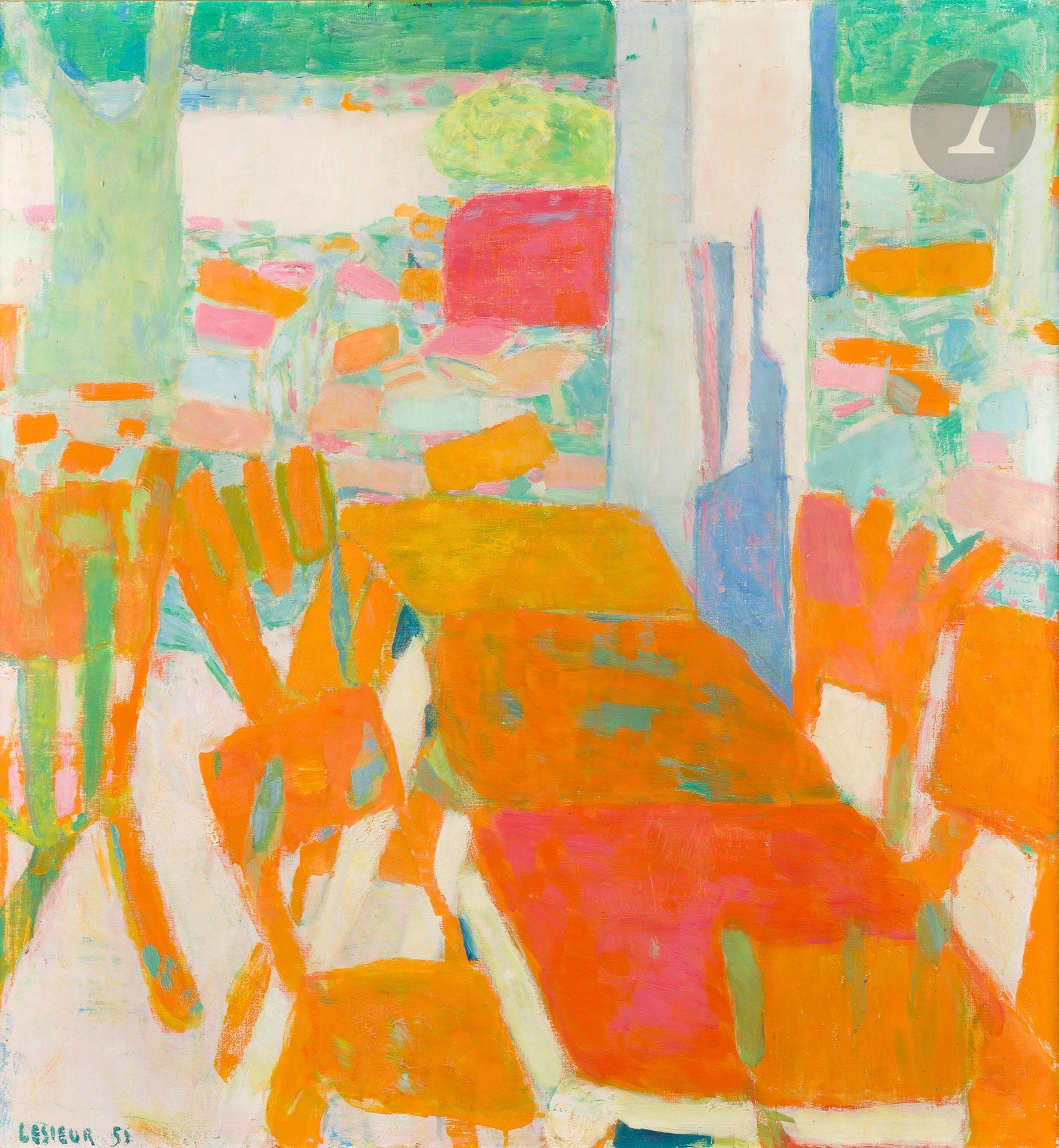 Pierre LESIEUR (1922-2011)
La Terrasse, 1955
Huile sur toile.
Signée et datée en bas à gauche.
(Petite restauration).
95 x 88 cm

Provenance : 
Vente Pierre Bergé et associés, Paris, 6 juillet 2009, n° 339.