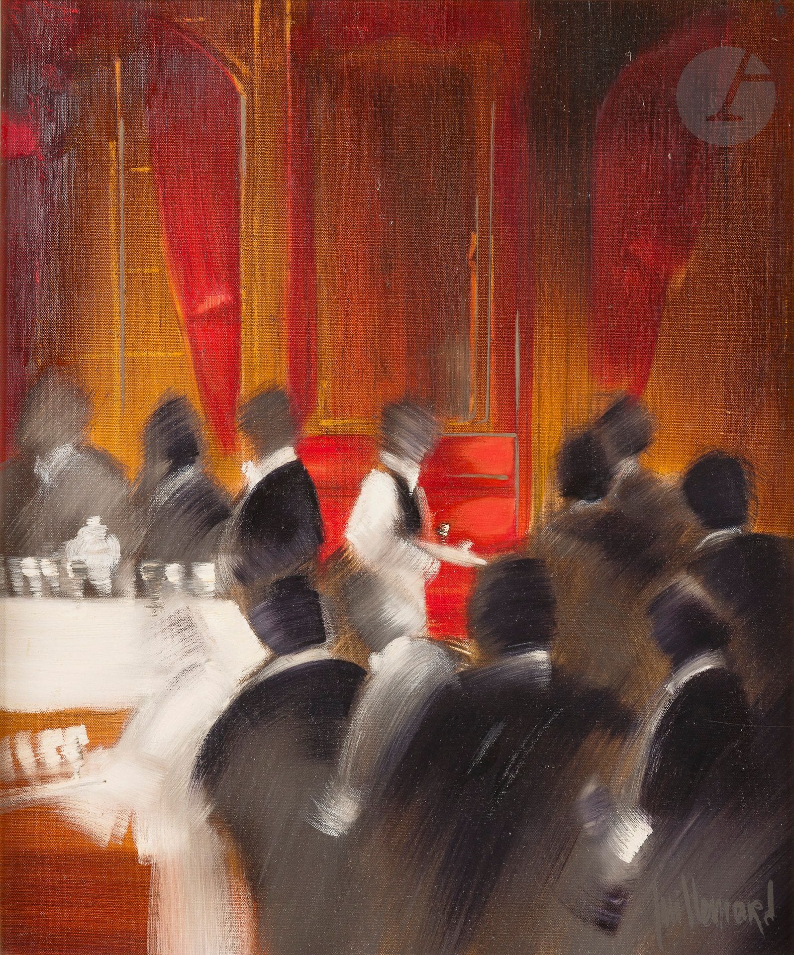 Dominique GUILLEMARD (1949-2010)
Chez Le Doyen
Huile sur toile.
Signée en bas à droite.
Signée et titrée au dos.
55 x 46 cm