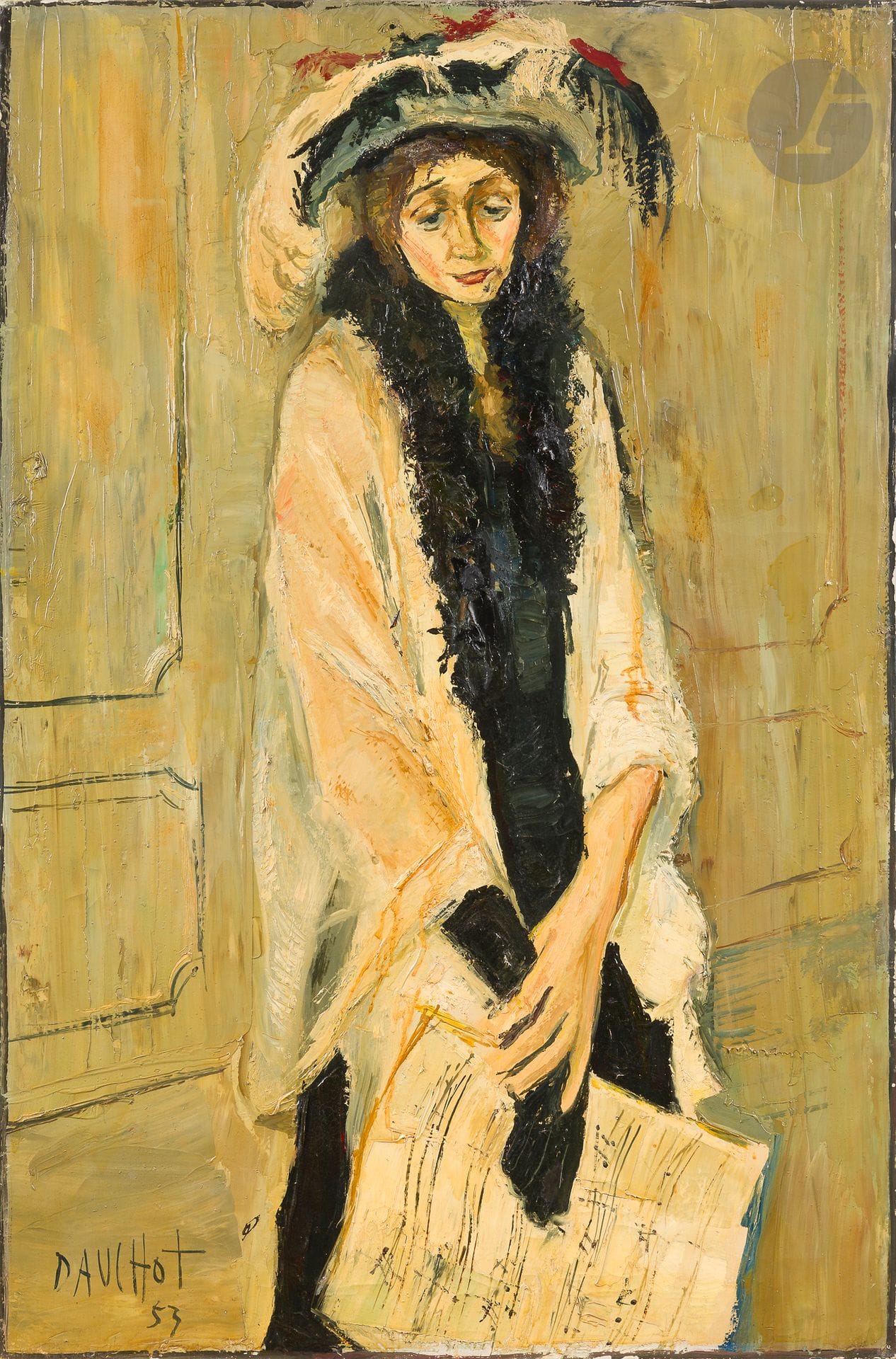 Gabriel DAUCHOT (1927-2005)
Edith Piaf, 1953
Huile sur toile.
Signée et datée en bas à droite.
Titrée au dos.
120 x 80 cm

Bibliographie : 
Eric Mercier, Années 50, La Jeune Peinture, Panorama de la Jeune Peinture, Tome II, Zurich, Artacatos, 2010, reproduit p. 150.