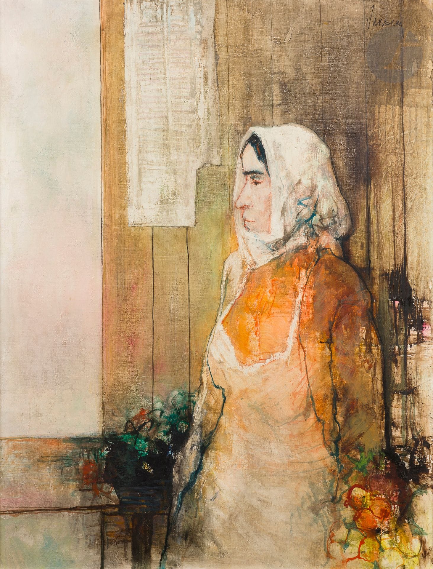 Jean JANSEM (1920-2013)
Marchande au fichu blanc, 1960
Huile sur toile.
Signée en haut à droite.
Titrée au dos sur le châssis.
116 x 89 cm
