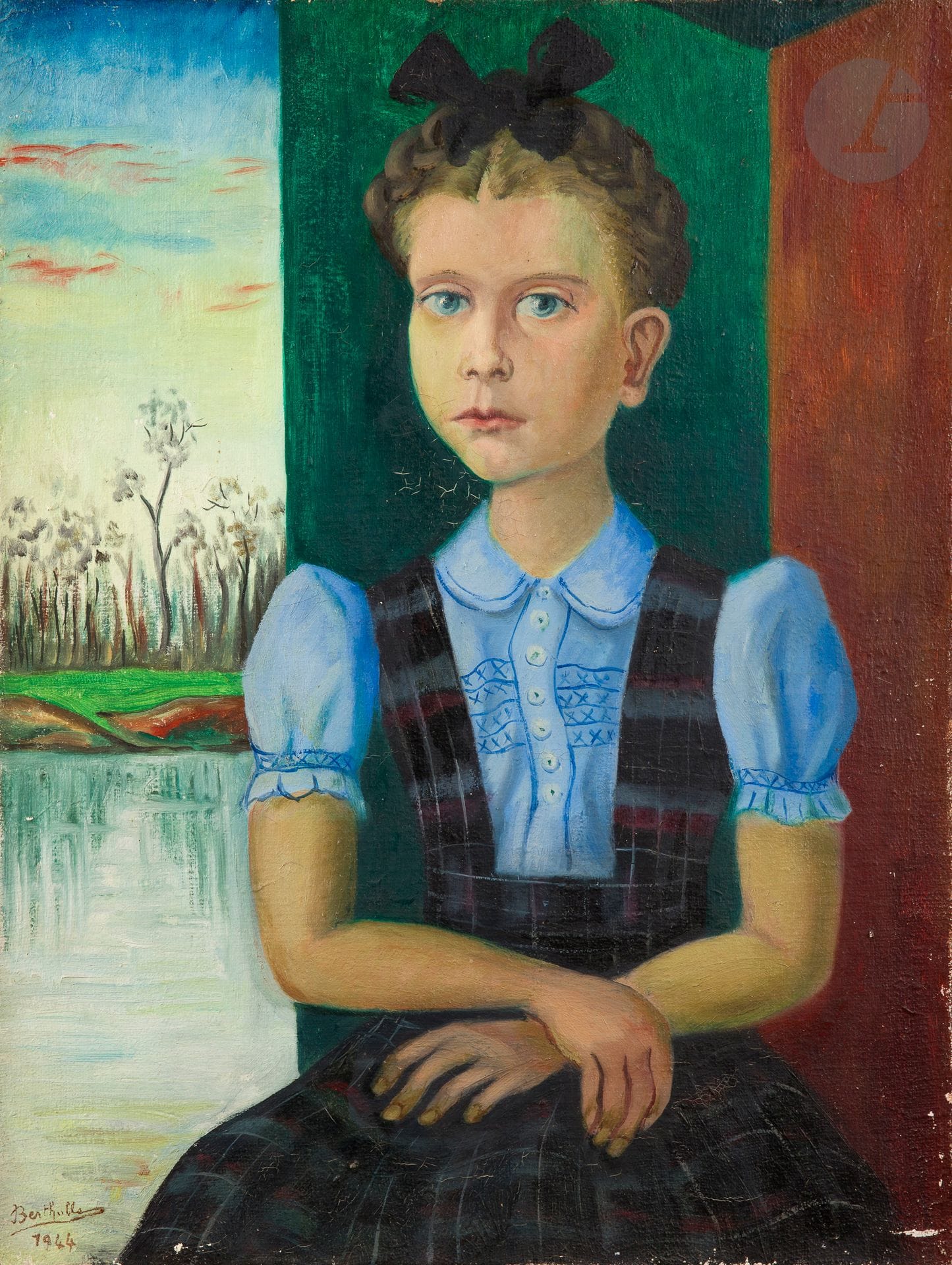 Jean BERTHOLLE (1909-1996)
Portrait de jeune fille au noeud noir, 1944
Huile sur toile.
Signée et datée en bas à gauche.
60 x 46 cm