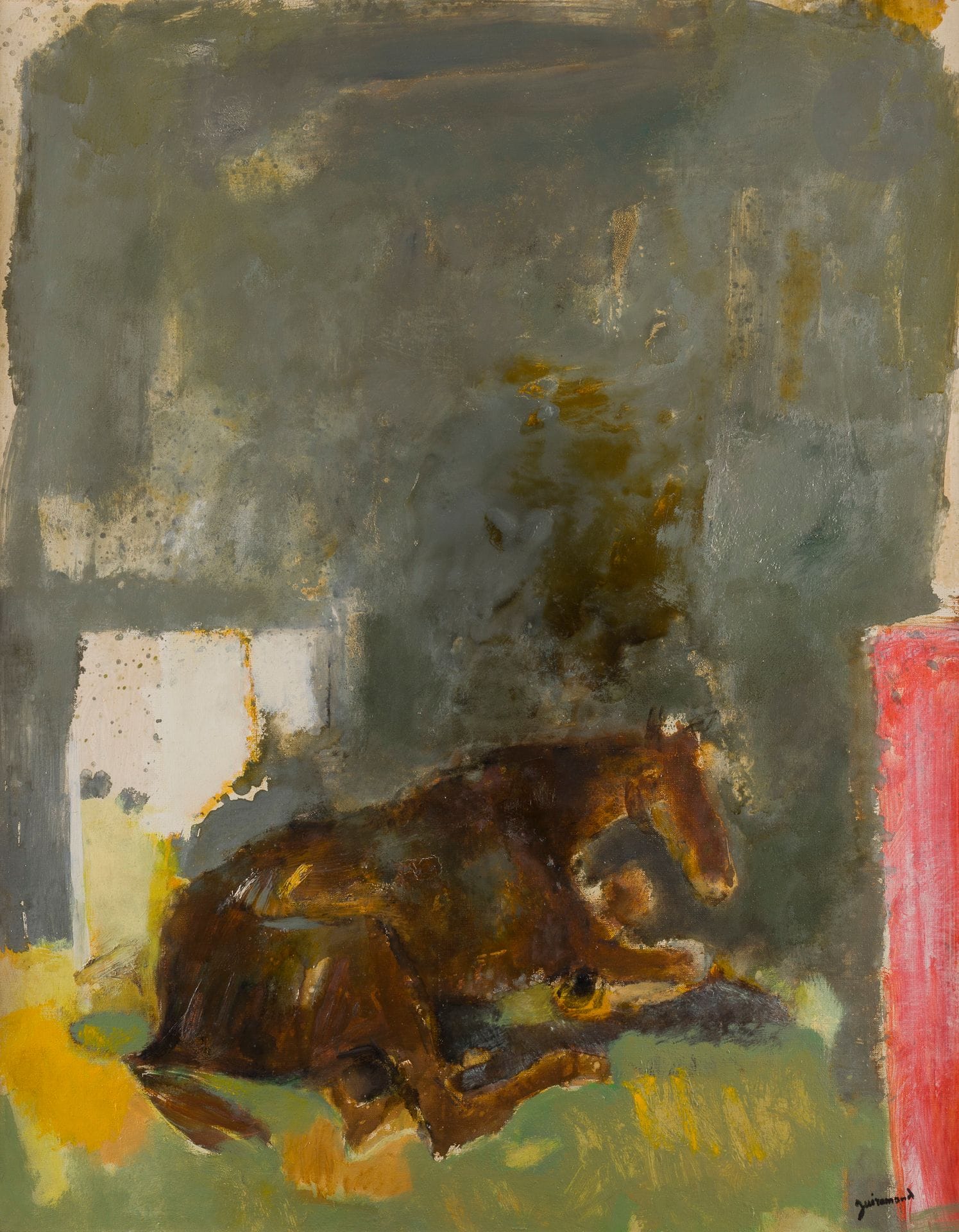 Paul GUIRAMAND (1926-2007)
Cheval au repos
Huile sur toile.
Signée en bas à droite.
100 x 81 cm

Provenance : 
Galerie Framond, Paris (étiquette au dos).