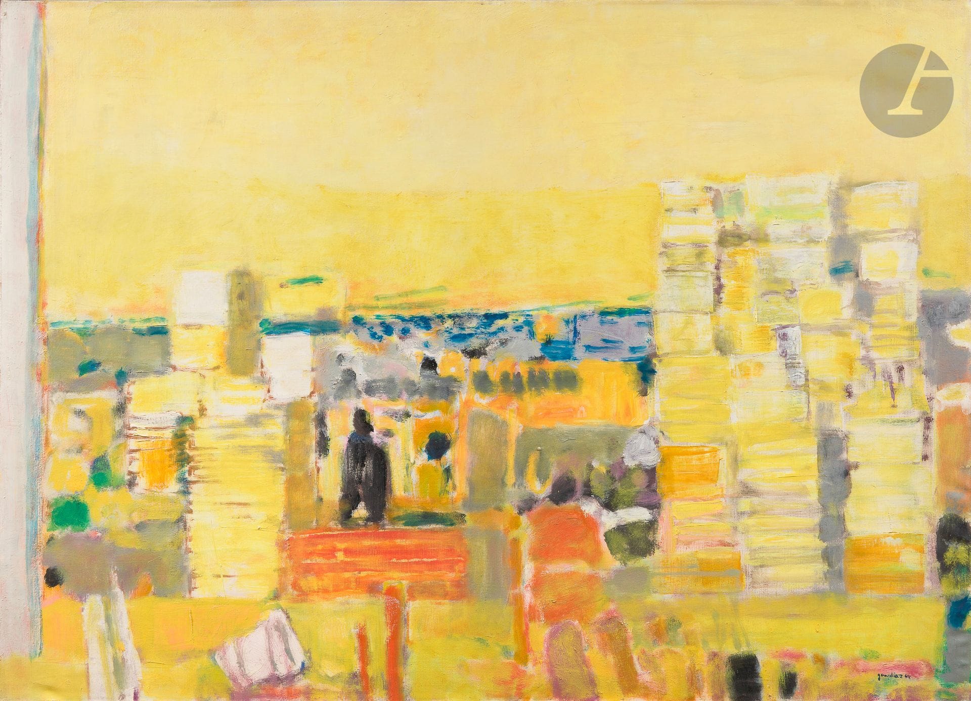 Gérard Diaz dit GERARDIAZ (born 1938)
La Halle sur le port, 1964
Oil on canvas.
Signed and dated lower right.
Titled on the back.
73 x 100 cm