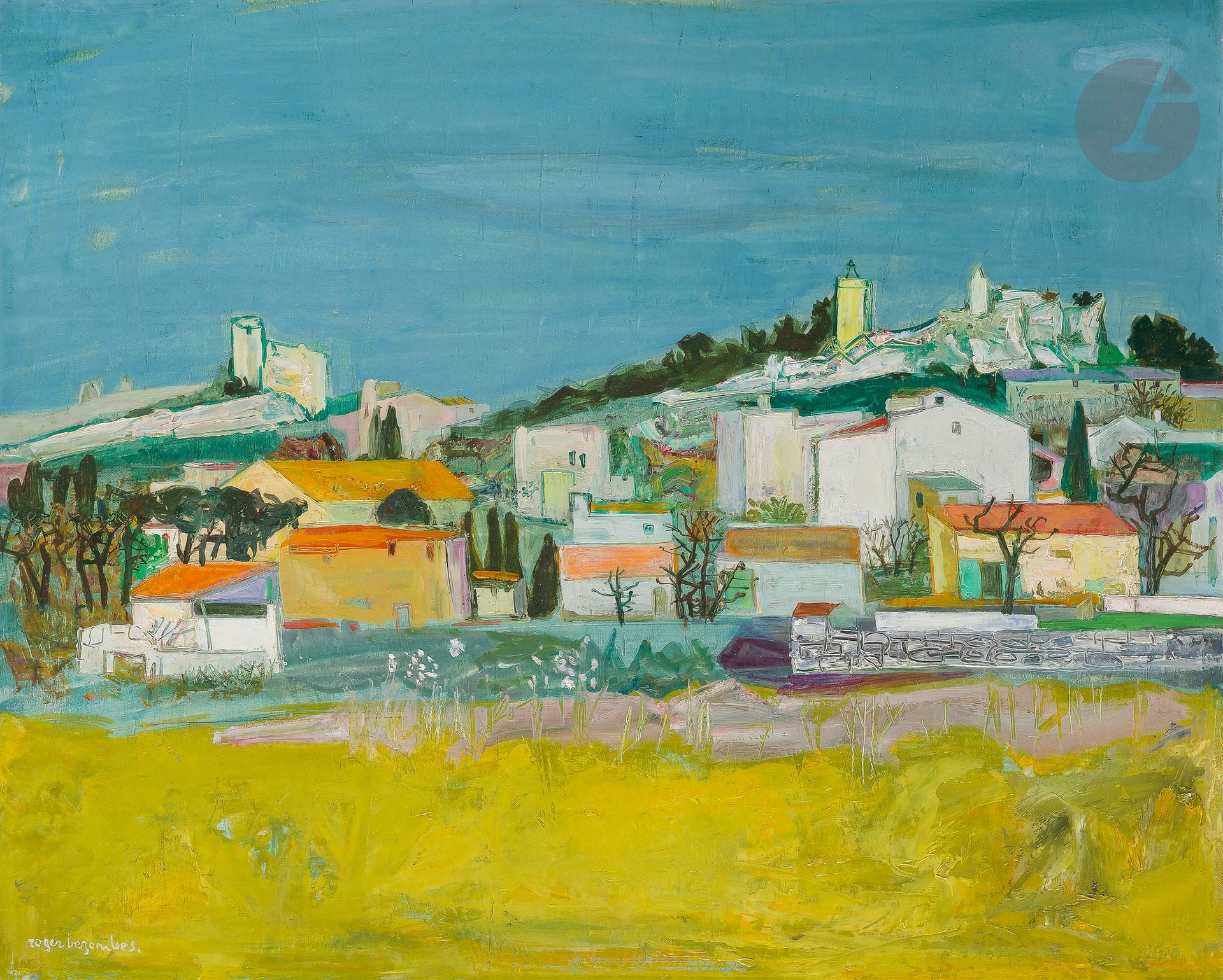 Roger BEZOMBES (1913-1994)
Vue d'Eygalières, vers 1950
Huile sur panneau.
Signée en bas à gauche.
Signée et située au dos.
65 x 81 cm

Provenance : 
Collection Wolf, Paris, 1953.

Expositions : 
- Galerie André Weil, Paris, 1953. 
- Galerie Brueghel, Bruxelles, 1955.
