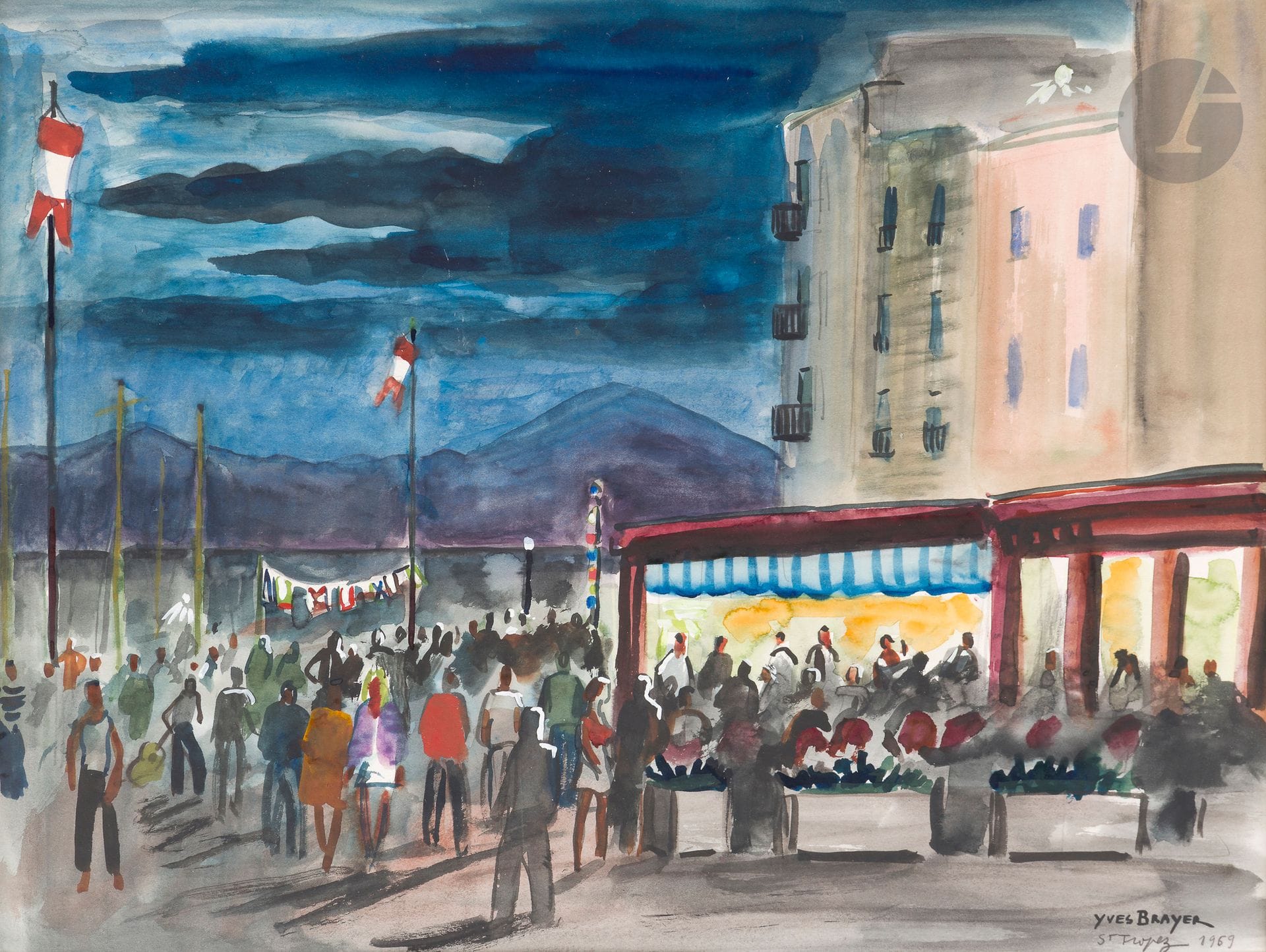 Yves BRAYER (1907-1990)
Le Port et Sénnequier la nuit, Saint-Tropez, 1969
Aquarelle.
Signée, datée et située en bas à droite.
40 x 53 cm

Nous remercions Monsieur Olivier Brayer et Madame Corinne Brayer d'avoir confirmé l'authenticité de cette oeuvre et pour les informations qu'ils nous ont transmises. Cette oeuvre est référencée dans les archives Yves Brayer sous le n° C49500.