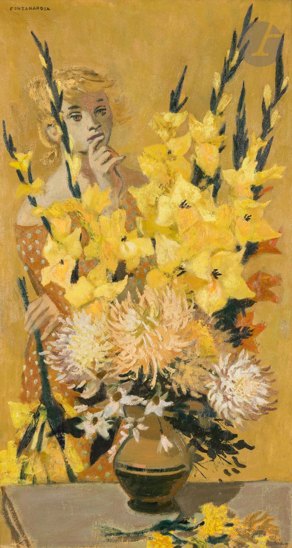 Lucien-Joseph FONTANAROSA (1912-1975)
Young woman with yellow gladioli
Oil on canvas.
Signed upper left.
115 x 63 cm

Exhibition: 
Lucien Fontanarosa, Galerie Bernheim-Jeune, Paris, November 18 - December 18, 1993, no. 26 (label on stretcher).