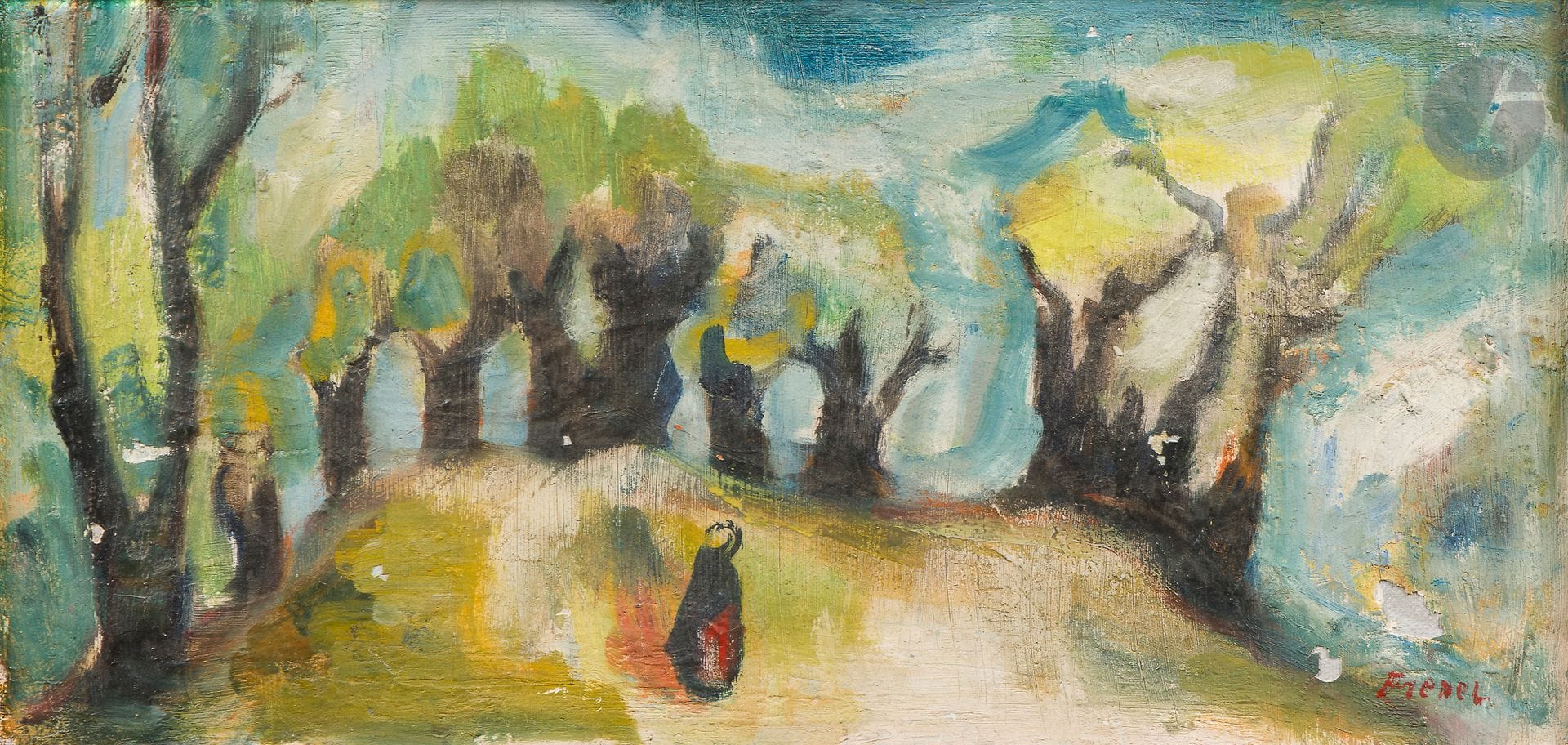 Isaac FRENKEL dit FRENEL (1899-1981)
Promenade dans la clairière
Huile sur toile, 1958
Signée en bas à droite.
Signée et datée au dos.
(Manques).
25 x 51 cm