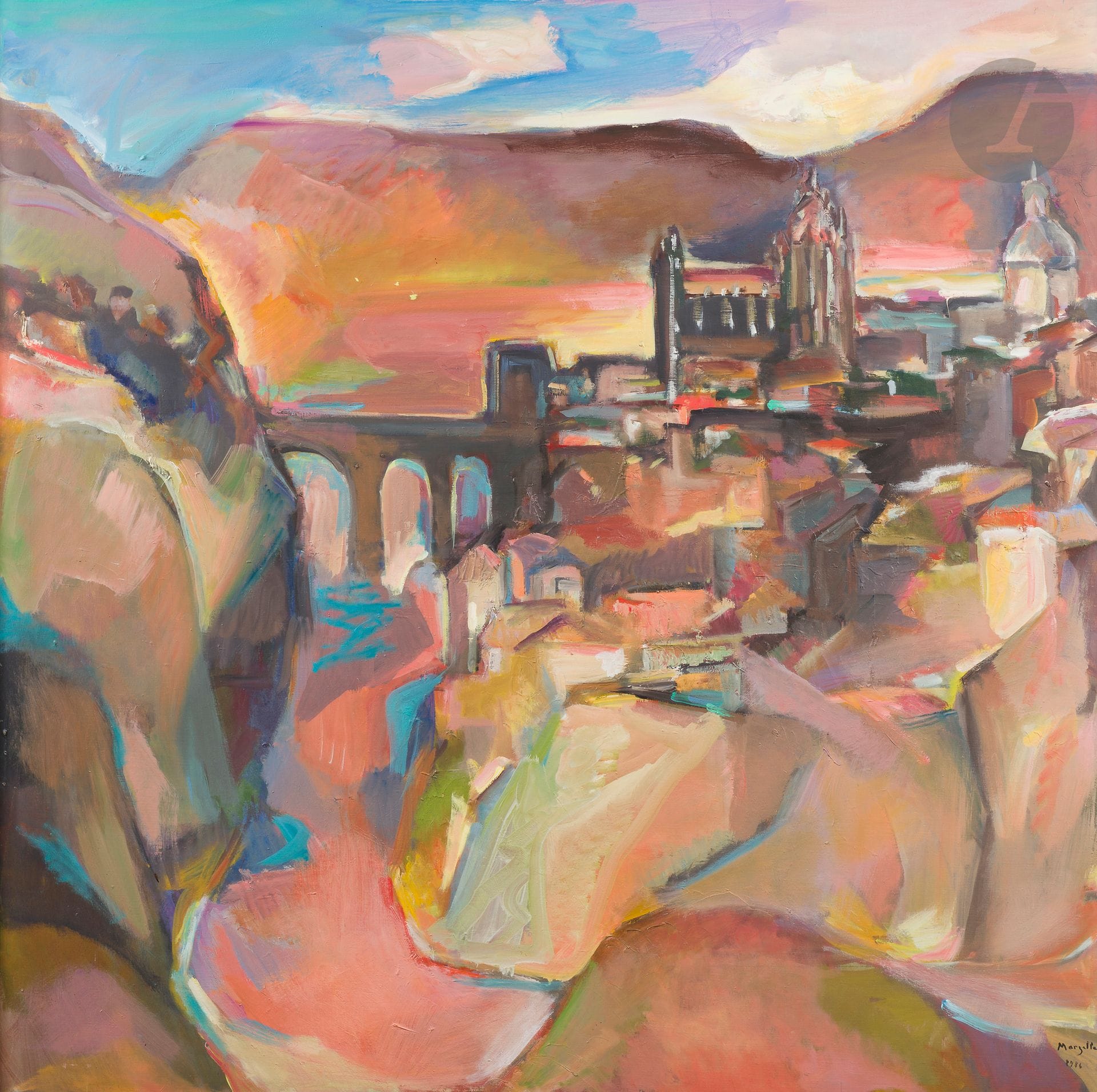 Jean MARZELLE (1916-2005)
Tolède, le Tage rouge, 1986
Huile sur toile.
Signée et datée en bas à droite.
Titrée et datée au dos.
100 x 100 cm

Nous remercions Monsieur Jean-Pierre Joubert et Madame Clotilde Scordia d'avoir confirmé l'authenticité de cette œuvre et pour les informations qu'ils nous ont transmises. Cette œuvre sera incluse au catalogue raisonné en cours de préparation.