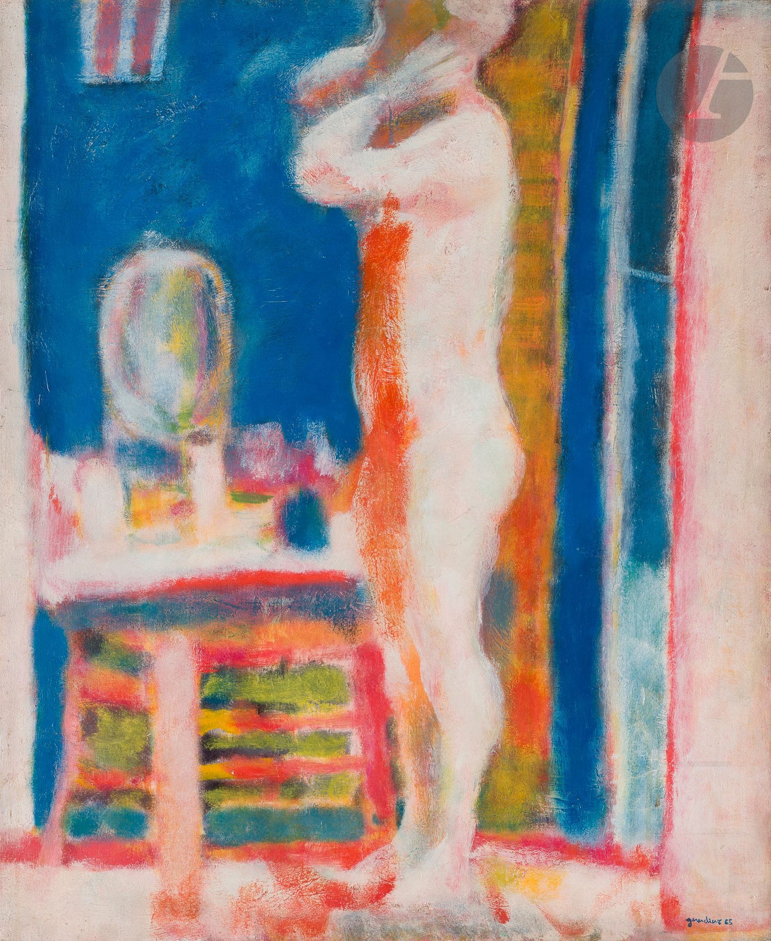 Gérard Diaz dit GERARDIAZ (né en 1938)
La Toilette, 1965
Huile sur toile.
Signée et datée en bas à droite.
Titrée au dos.
73 x 60 cm

Provenance : 
Galerie Framond, Paris (étiquette au dos).