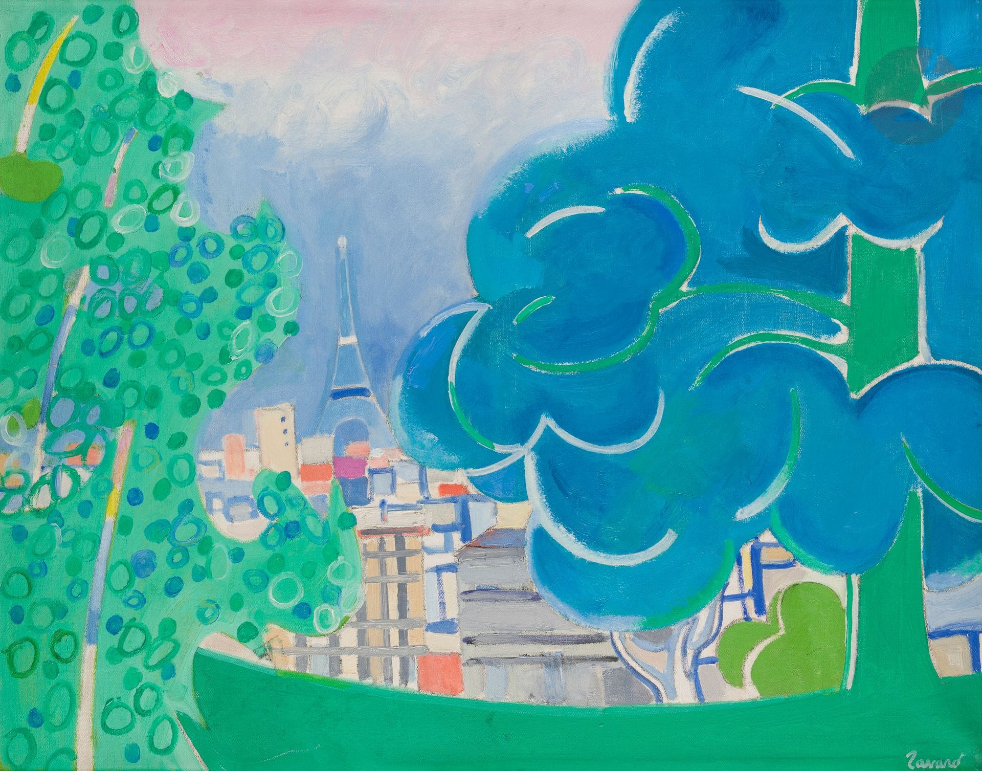 Albert ZAVARO (1925-2022)
L'Été à Paris, 1969
Huile sur toile.
Signée en bas à droite.
73 x 94 cm

Provenance : 
Galerie Framond, Paris (étiquette au dos).