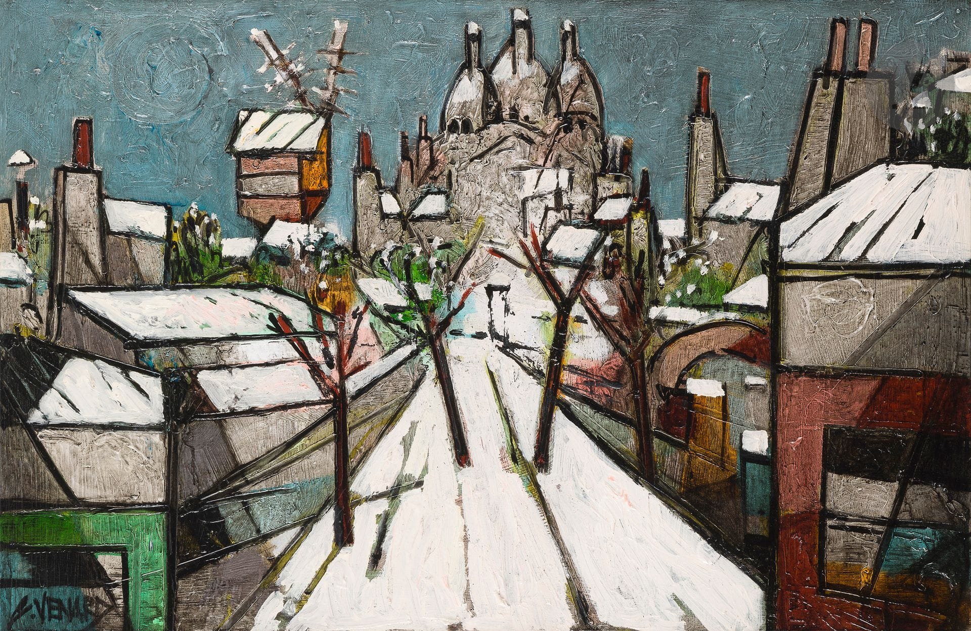 Claude VENARD (1913-1999)
La Galette sous la neige
Huile sur toile.
Signée en bas à gauche.
Titrée au dos sur le châssis.
60 x 92 cm