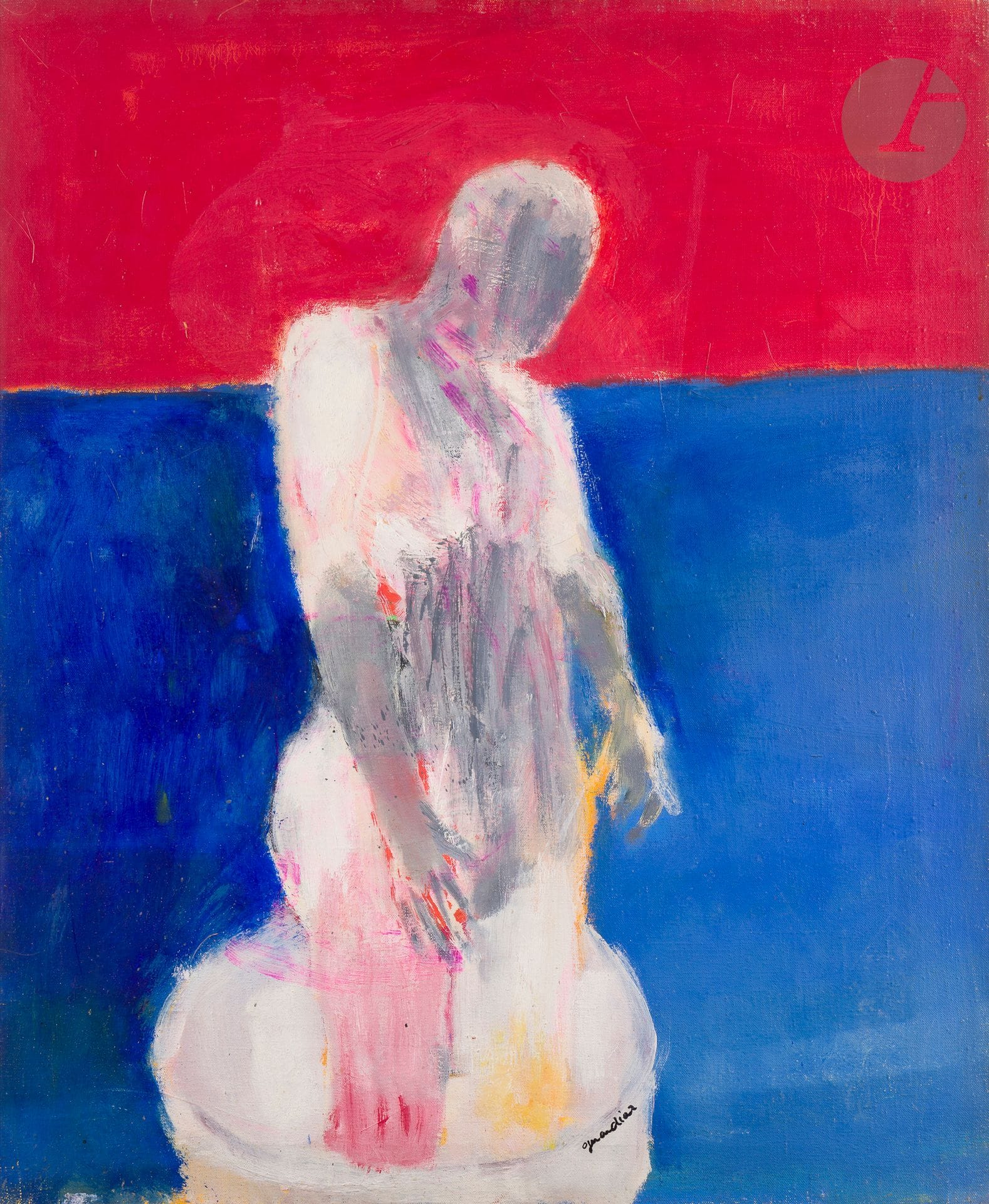 Gérard Diaz dit GERARDIAZ (born 1938)
The Bath
Oil on canvas.
Signed at foot.
Signed and titled on the back.
73 x 60 cm

Provenance : 
Galerie Framond, Paris (label on back).