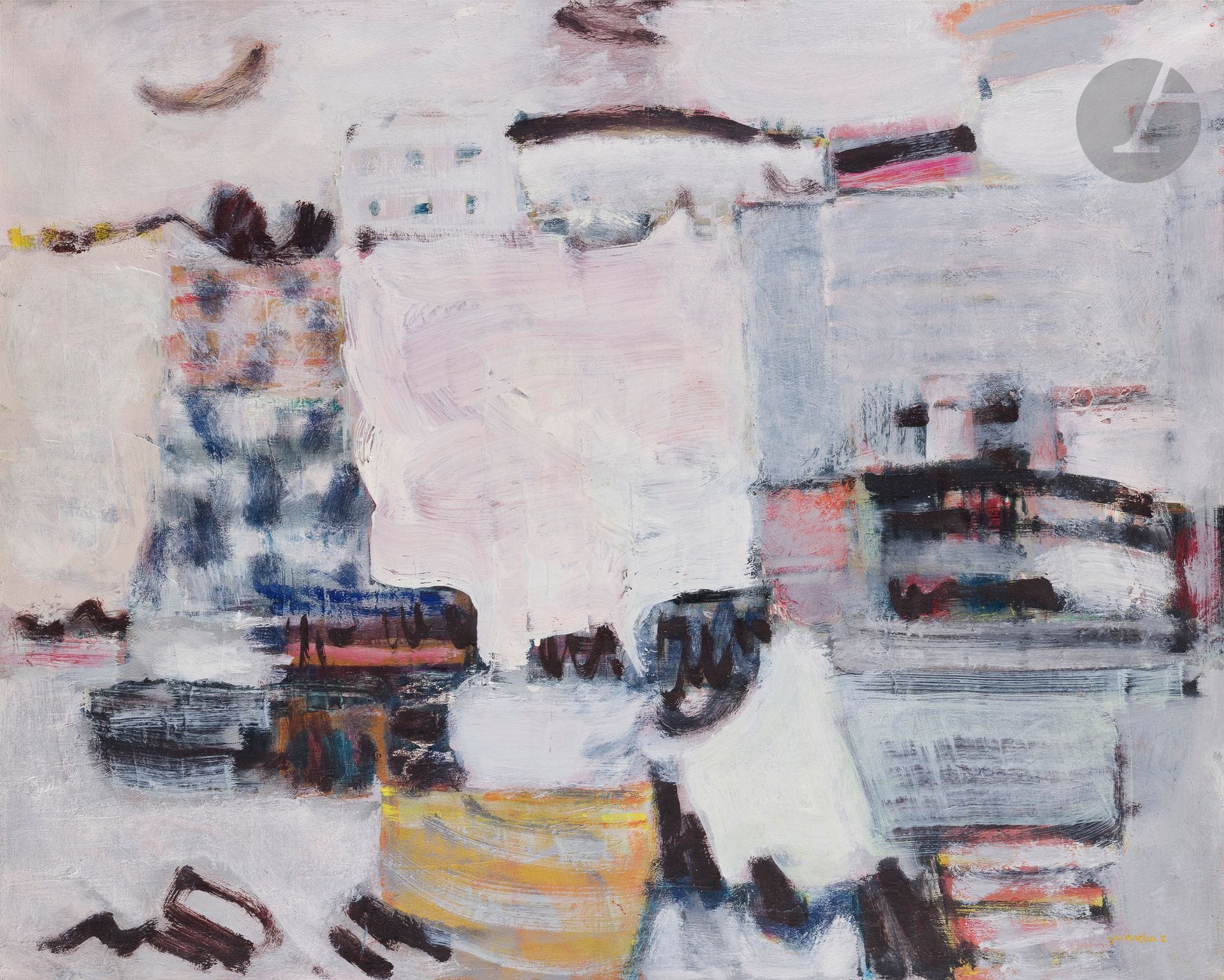 Gérard Diaz dit GERARDIAZ (né en 1938)
Boulogne-sur-Mer, 1962
Huile sur toile.
Signée en bas à droite.
Datée au dos.
65 x 81 cm