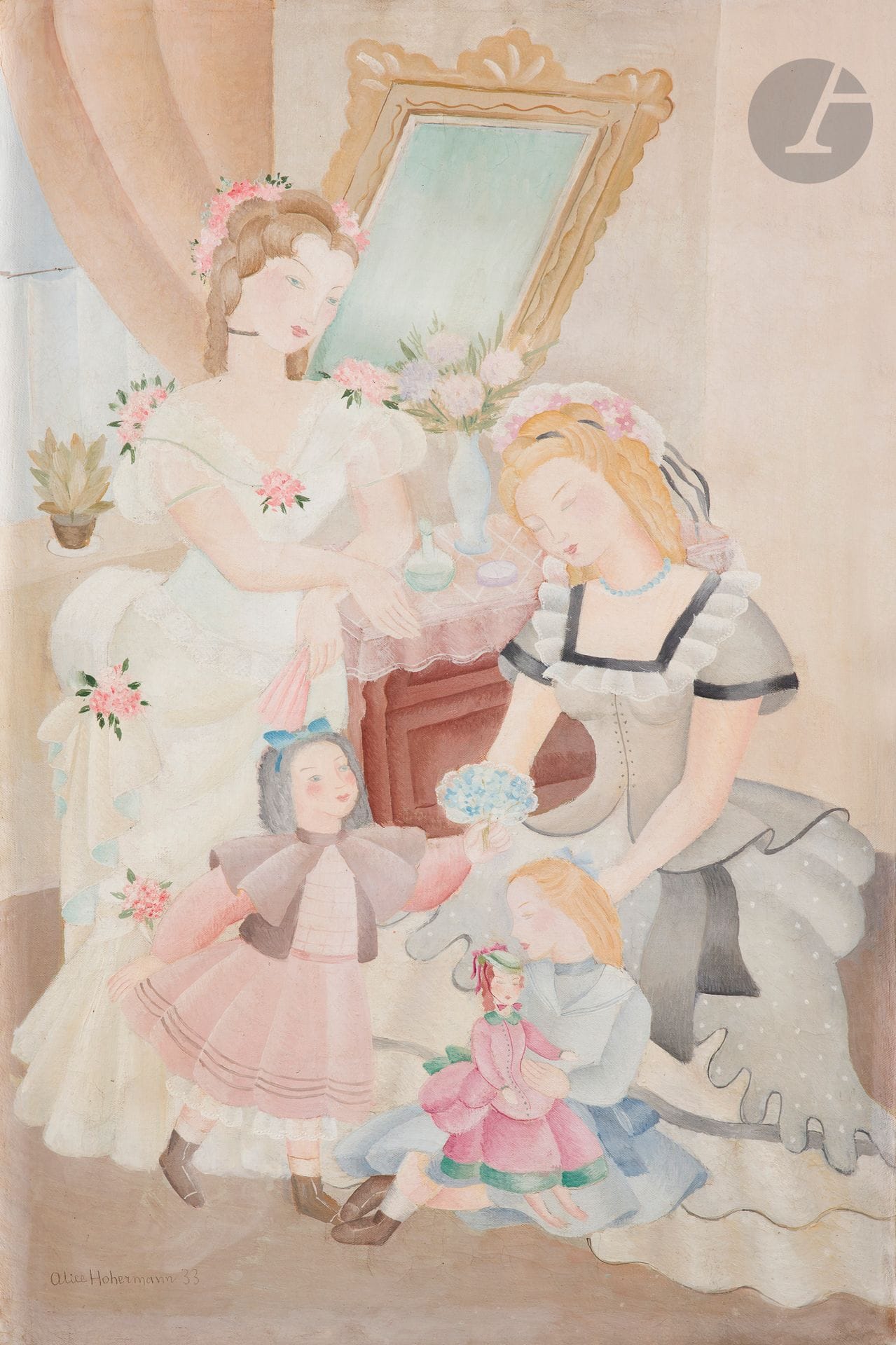 Alicja HOHERMANN (1902-1943)
Femmes jouant à la poupée, 1933
Huile sur toile.
Signée et datée en bas à gauche.
Signée au dos sur le châssis.
65 x 43 cm

Exposition : 
Société des Artistes indépendants, Exposition du Cinquantenaire, Grand Palais, Paris, 2 février - 11 mars 1934, catalogue, n° 2112 ou 2113, non reproduit, exposée sous le titre "Peinture" (étiquette au dos).