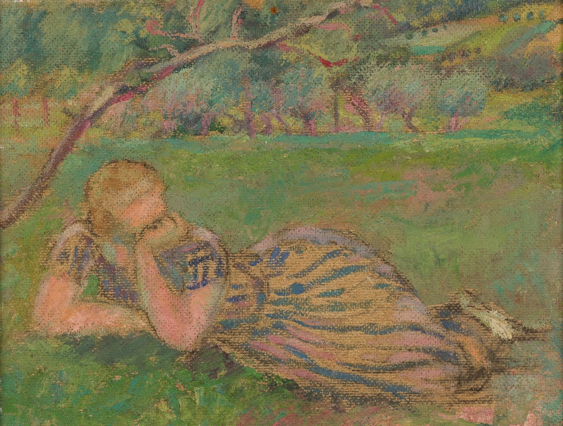 Alfred Auguste JANNIOT (1889-1969)
Femme allongée dans l'herbe - La Moisson
Huile sur panneau double face.
Signée sur l'une des faces.
26.5 x 35 cm