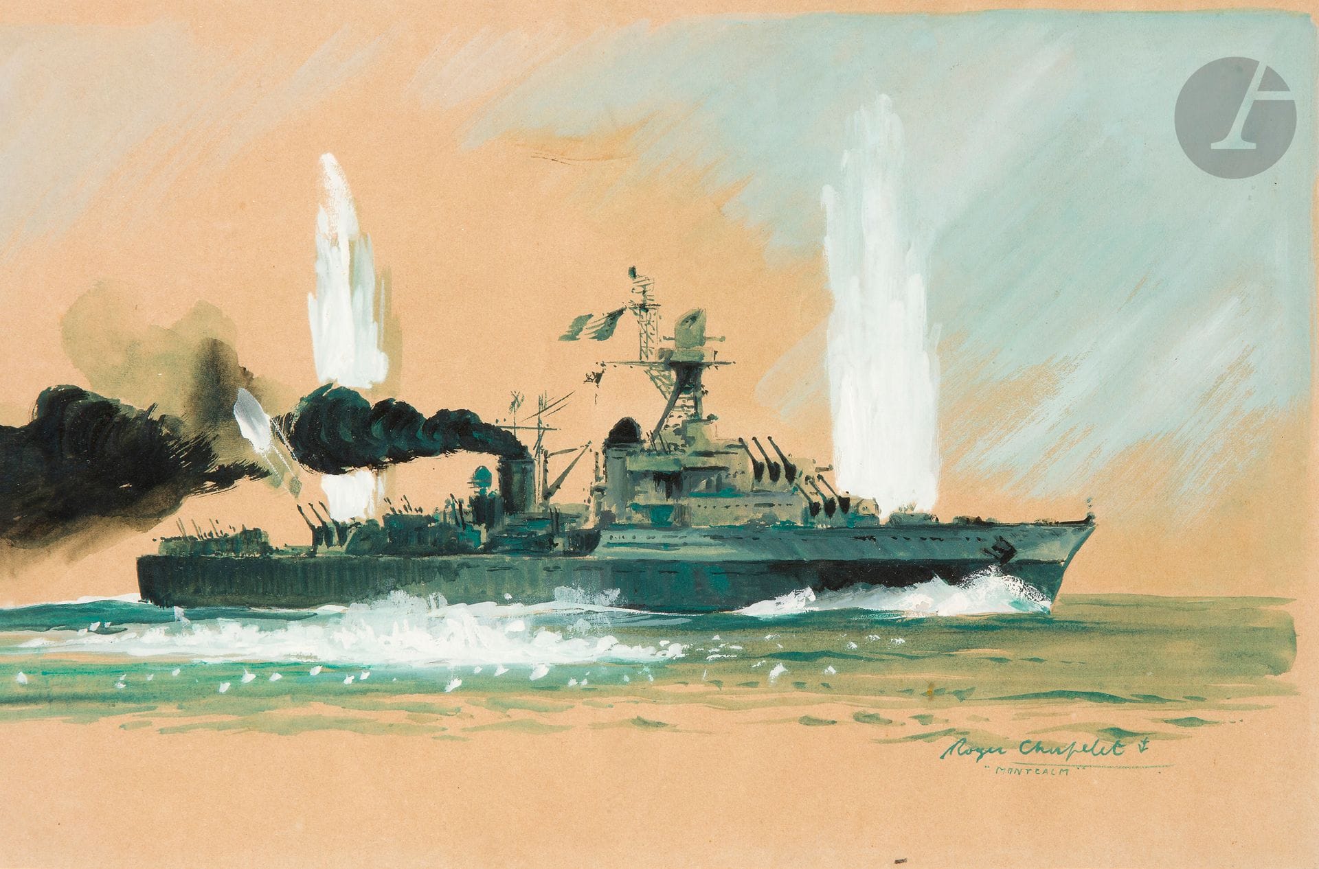 Roger CHAPELET (1903-1995)
La Frégate Montcalm
Gouache, encre et aquarelle.
Signée en bas à droite.
23 x 35.5 cm