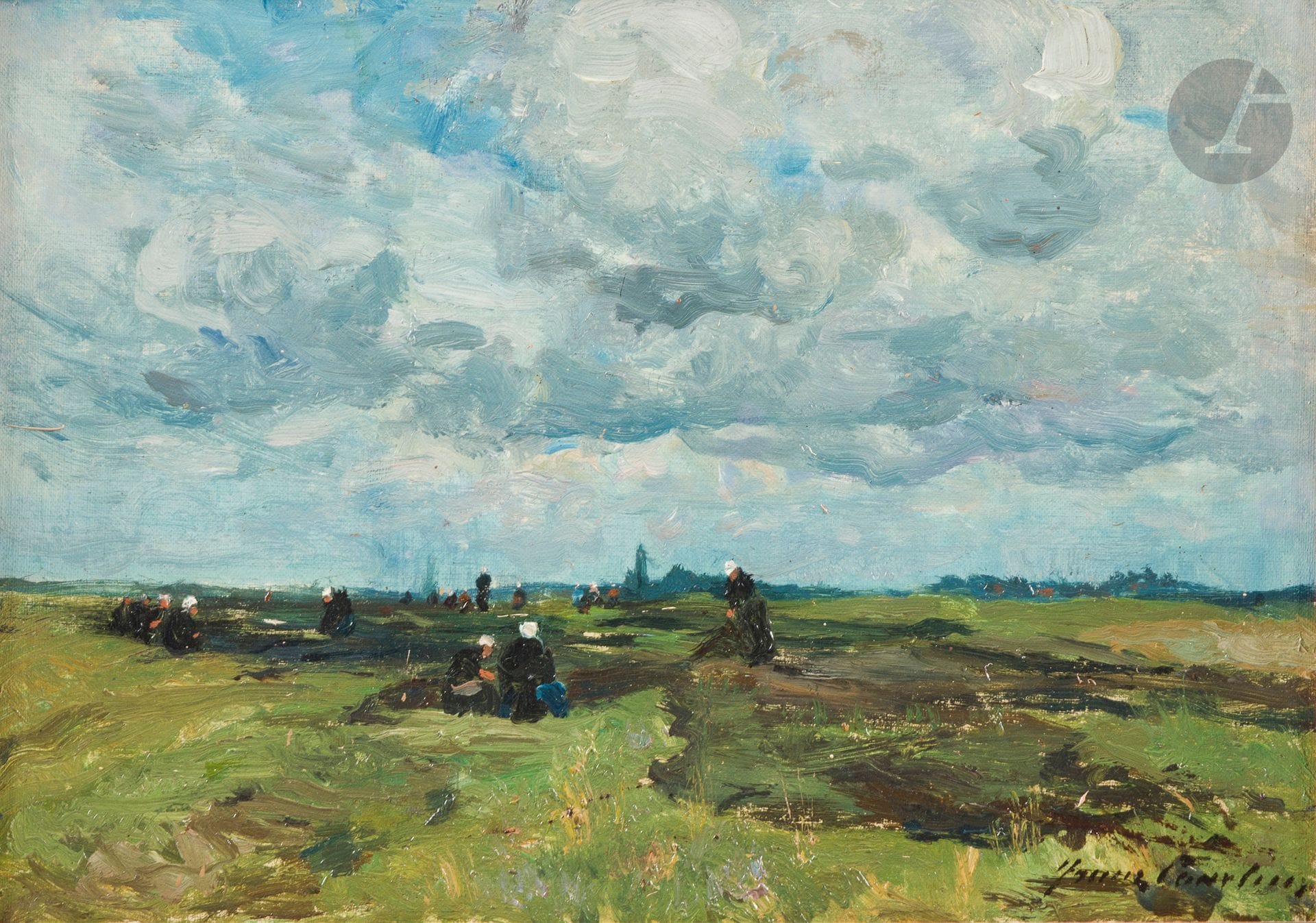 Franz COURTENS (1854-1943)
Les Raccommodeuses de filet
Huile sur panneau.
Signée en bas à droite.
28.5 x 40 cm

Provenance : 
- Collection de l'artiste.
- Vente d'atelier Baron Franz Courtens, n° 327 (étiquette au dos).

Exposition : 
L'Œuvre de Franz Courtens, Palais des Beaux-Arts, Bruxelles, 7 - 22 mai 1932, catalogue, n° 173 (étiquette au dos).