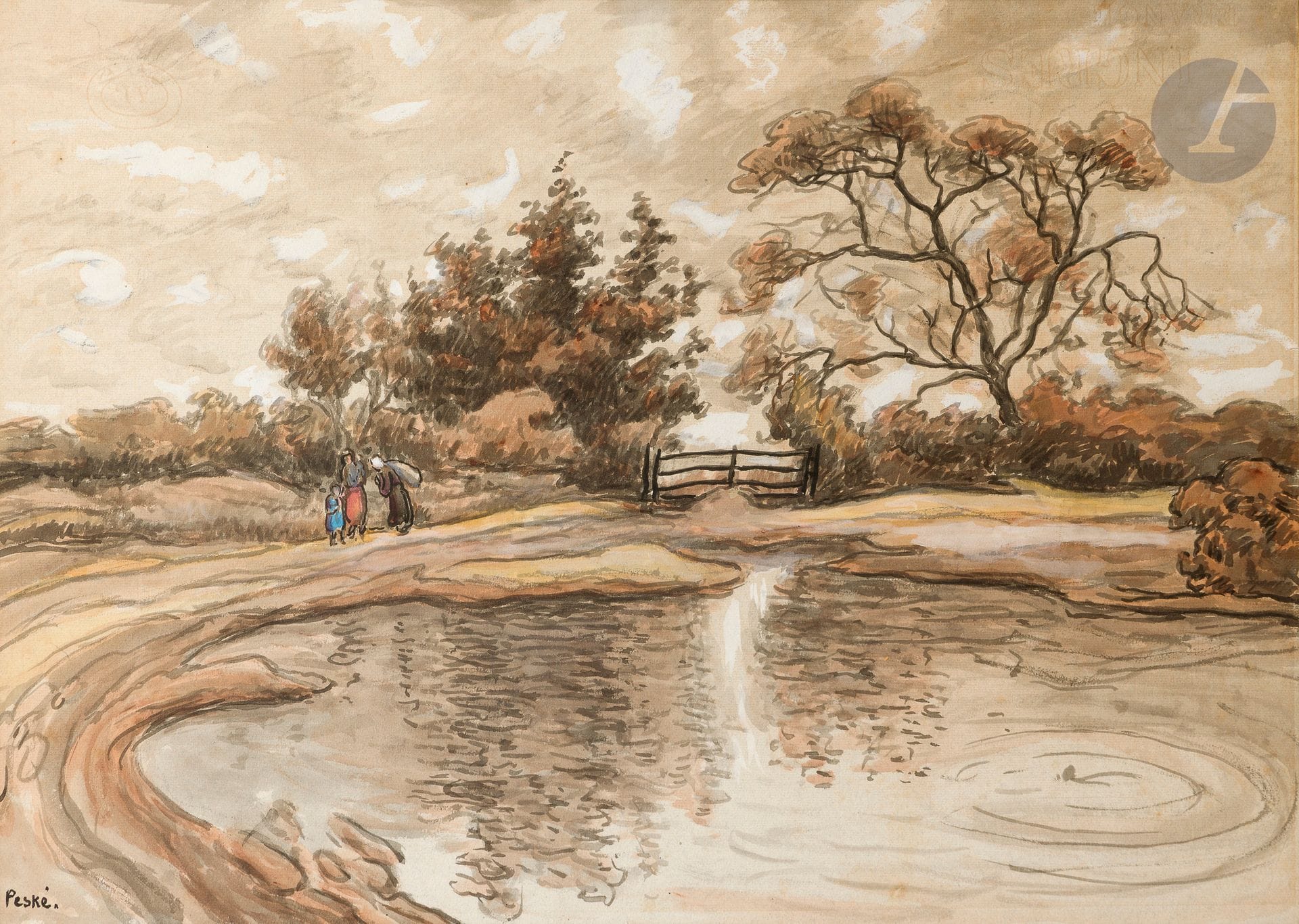 Jean Misceslas PESKE (1870-1949)
Bord d'étang animé
Aquarelle sur trait de crayon.
Signée en bas à gauche.
46.5 x 61 cm

Provenance : 
Collection Madame W., Paris.