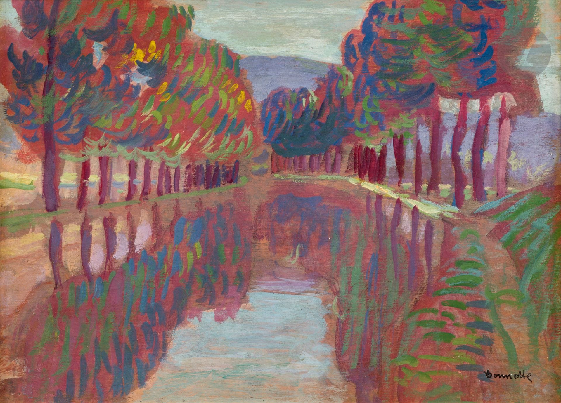 Ernest-Lucien BONNOTTE (1873-1954)
Le Canal
Huile sur panneau.
Signée en bas à droite.
Esquisse de paysage au dos.
26 x 35 cm