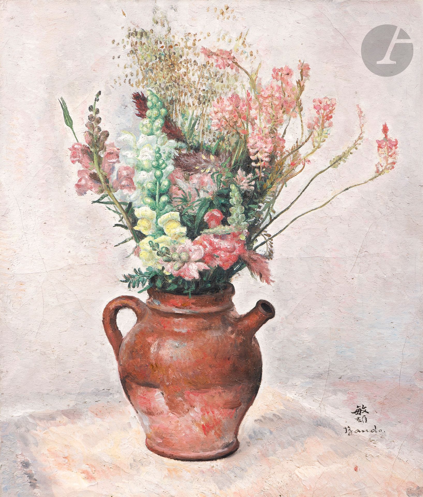 Toshio BANDO (1895-1973)
Bouquet de fleurs à la cruche
Huile sur toile.
Signée en bas à droite.
(Craquelures).
55 x 46 cm